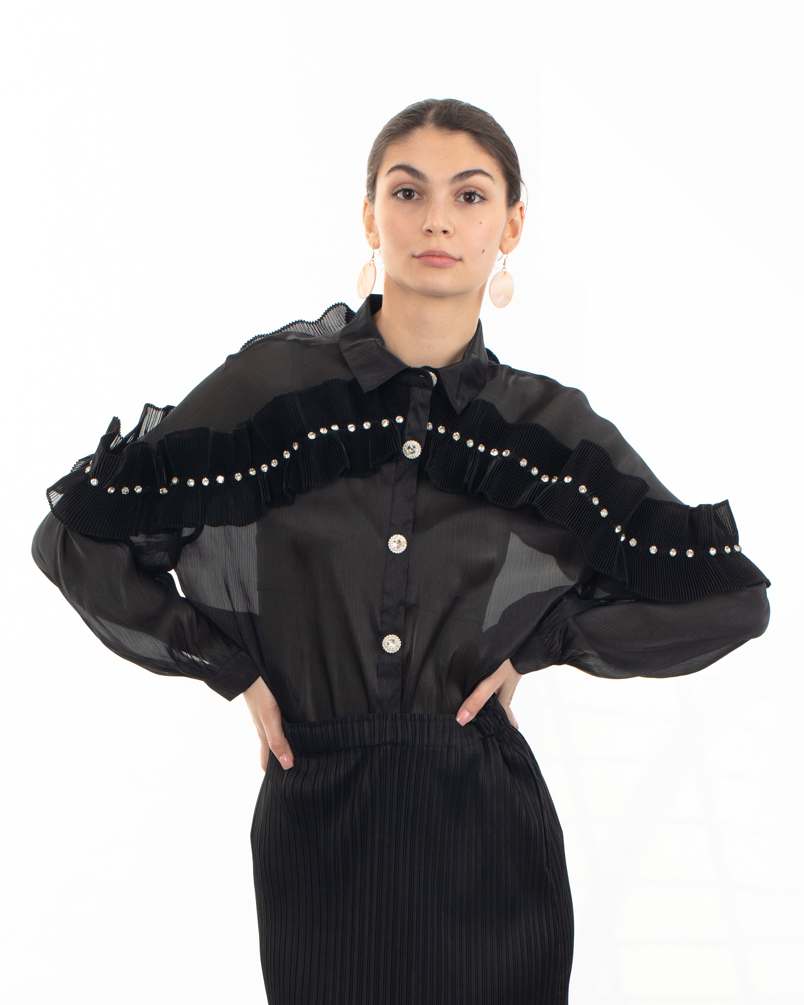 Olivia Row™ | Pleated ruffles with multi dimoned stone embellished sleeves design organza shirt in black