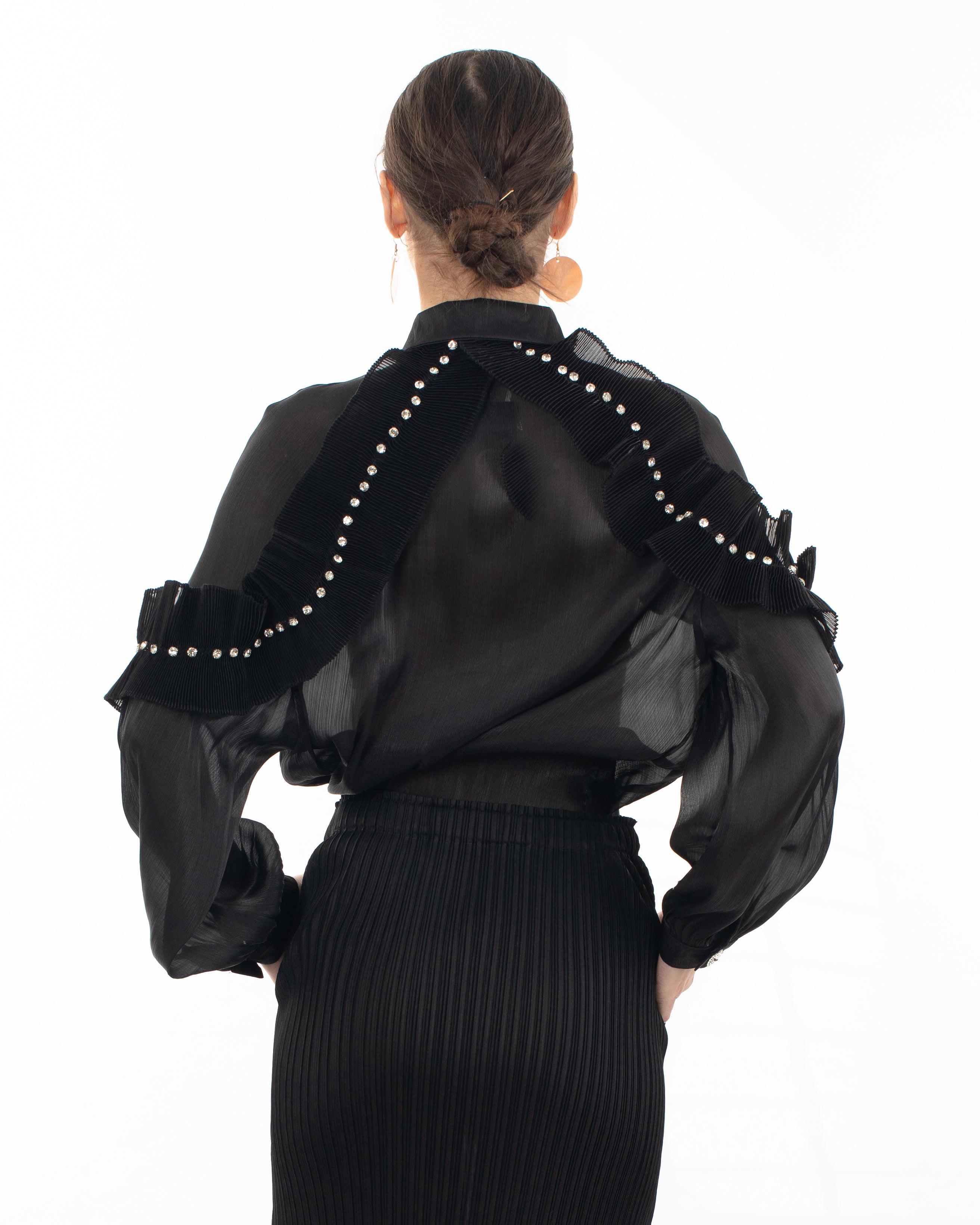 Olivia Row™ | Pleated ruffles with multi dimoned stone embellished sleeves design organza shirt in black