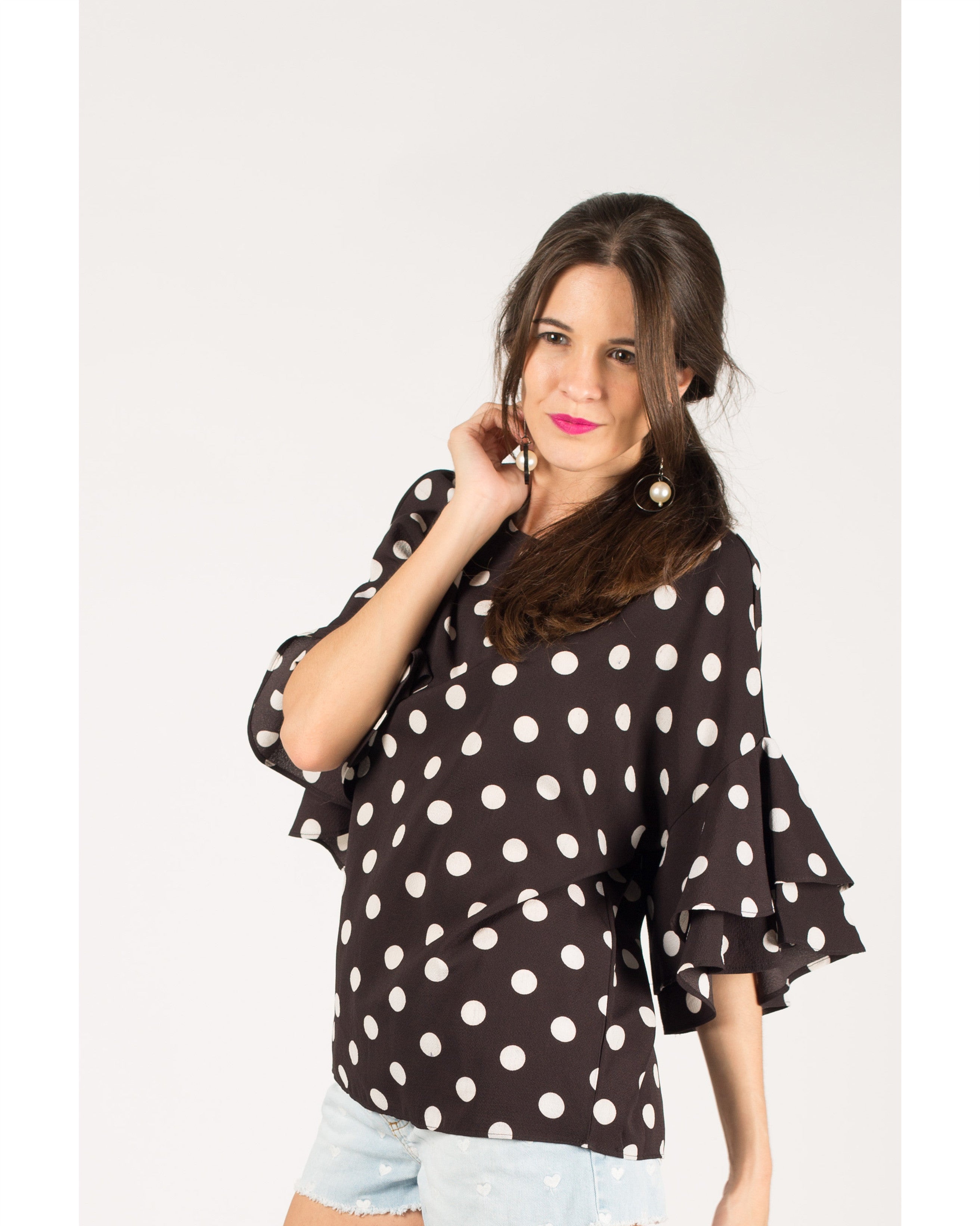 Olivia Row™ | Dot Dot Print Frilled sleeves Top