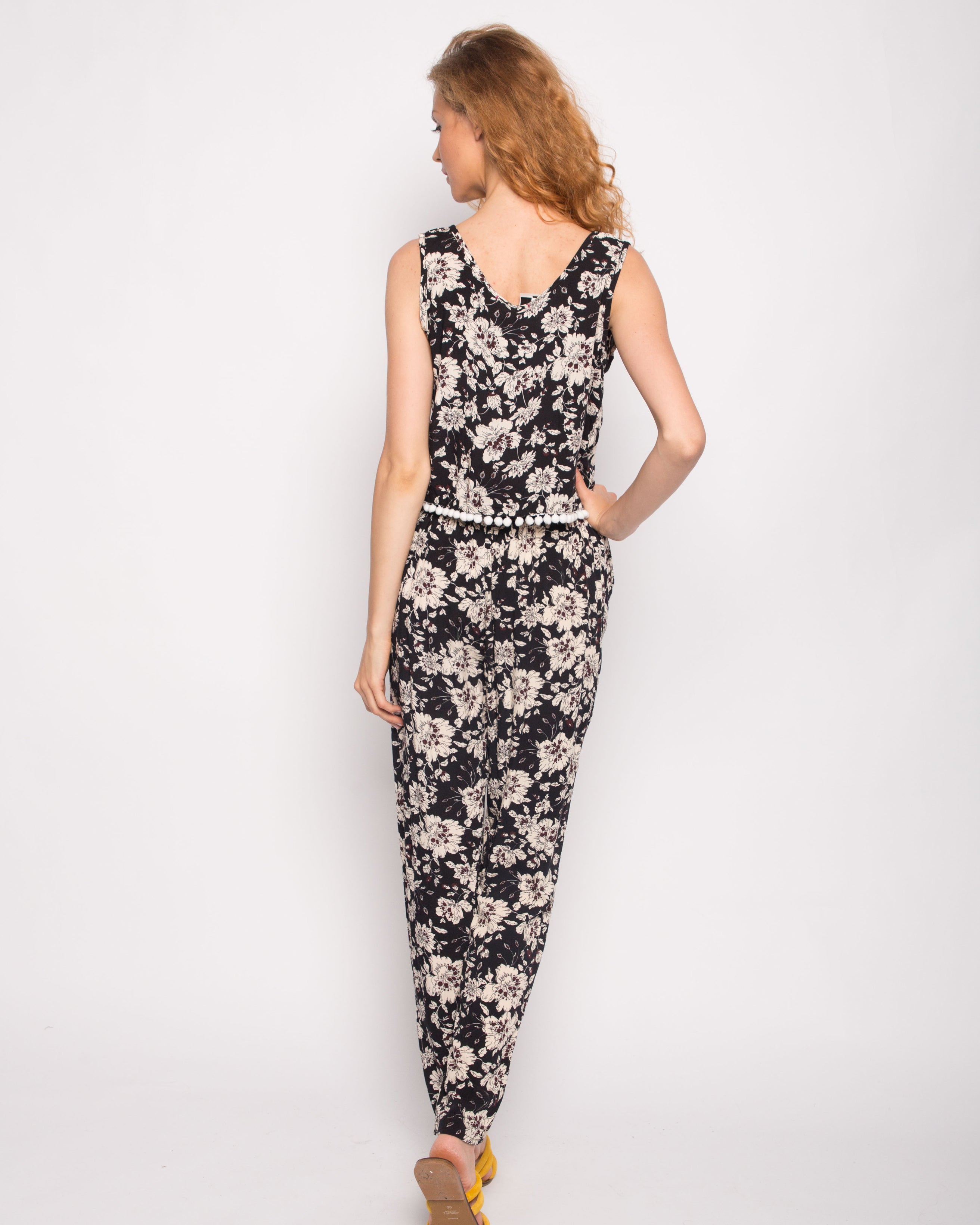 Olivia Row™ | Floral print cotton tassel vest top and trousers suits co-ords (BLACK)