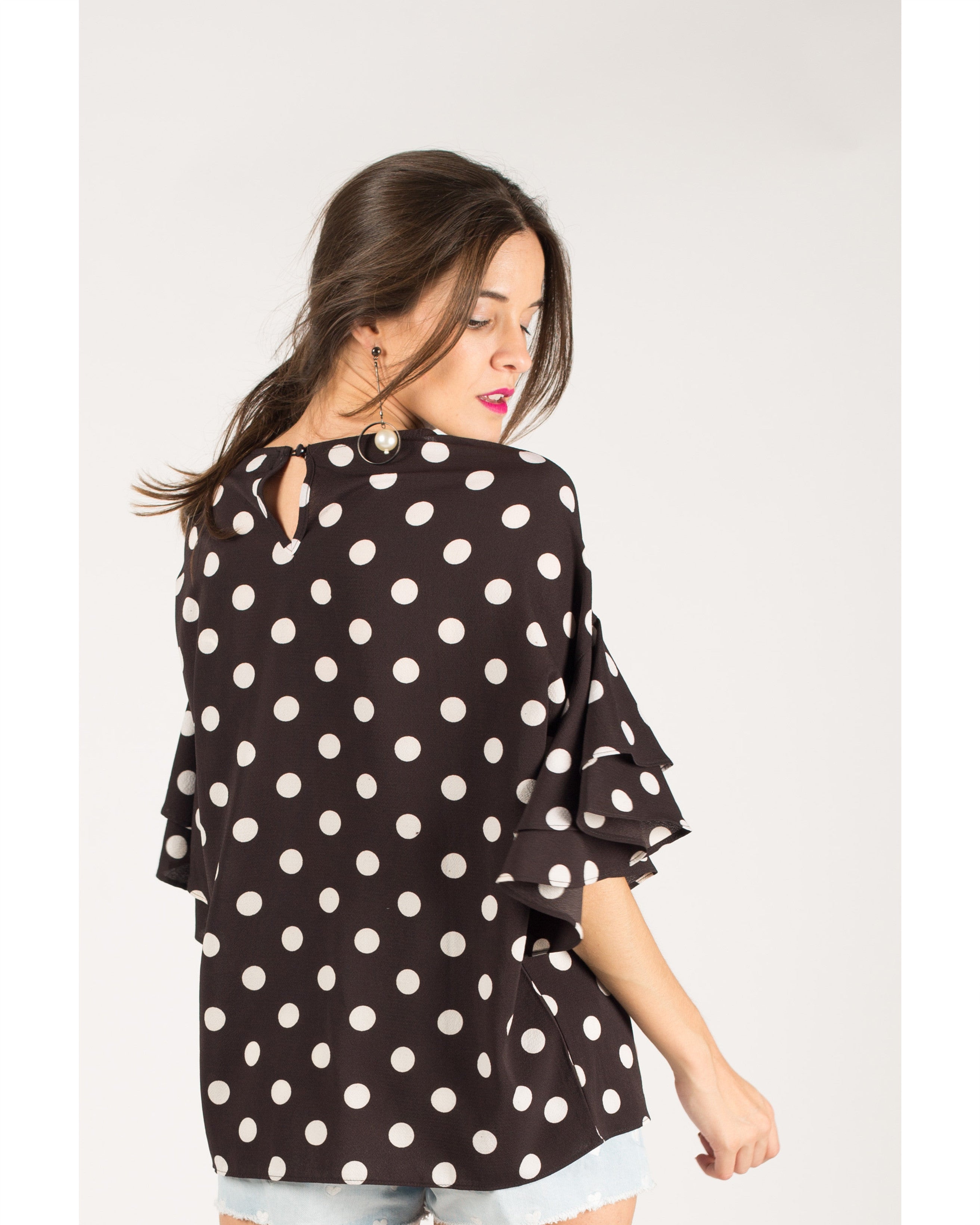 Olivia Row™ | Dot Dot Print Frilled sleeves Top