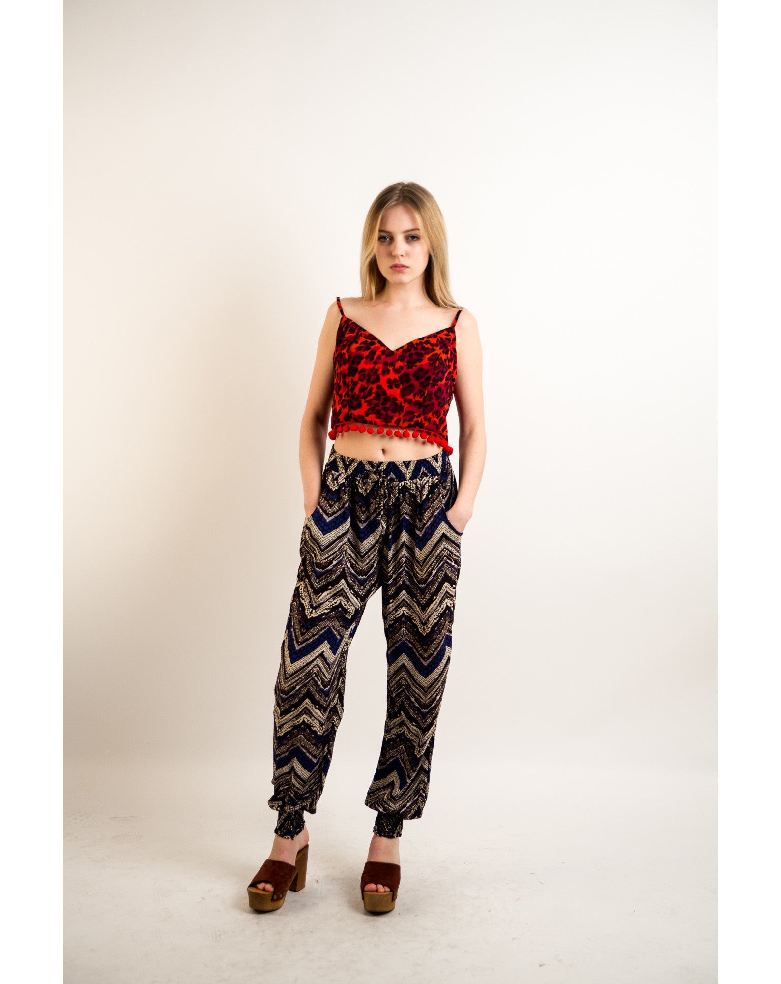 Olivia Row™ | Aztec print elasticated waist Cotton Trousers (BLUE)