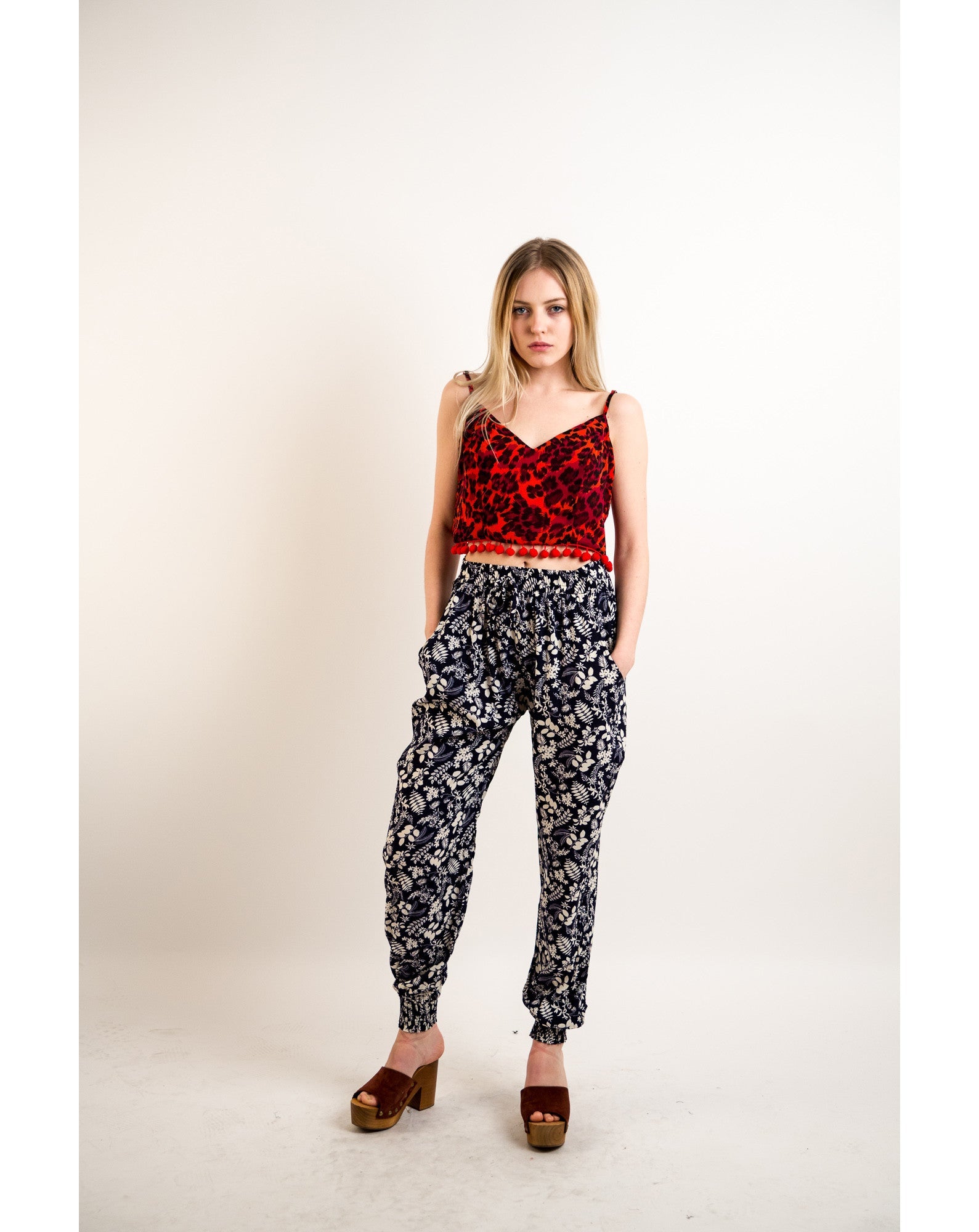 Olivia Row™ | Leaves print elasticated waist Cotton Trousers (BLUE)