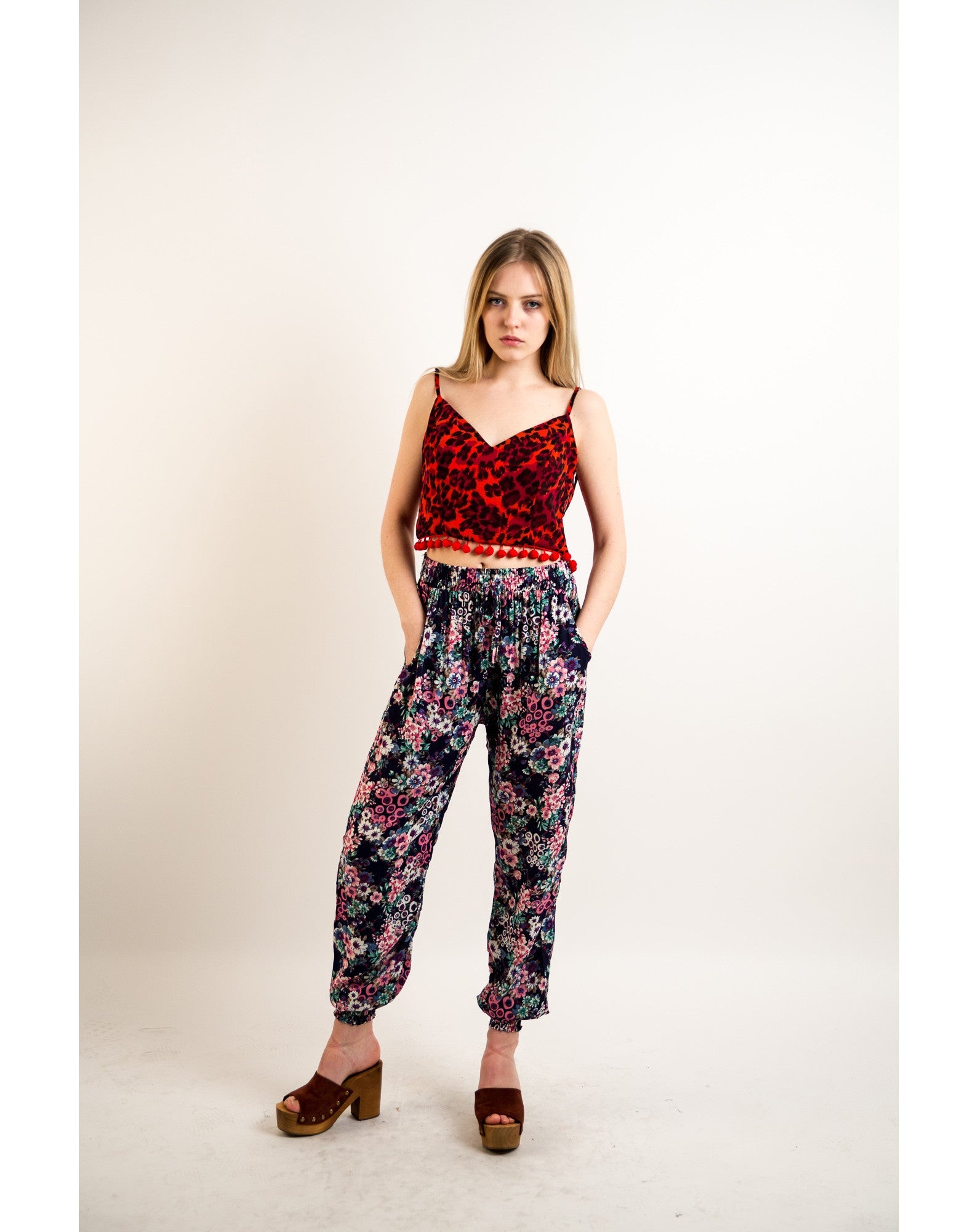Olivia Row™ | Floral print elasticated waist Cotton Trousers (BLUE)