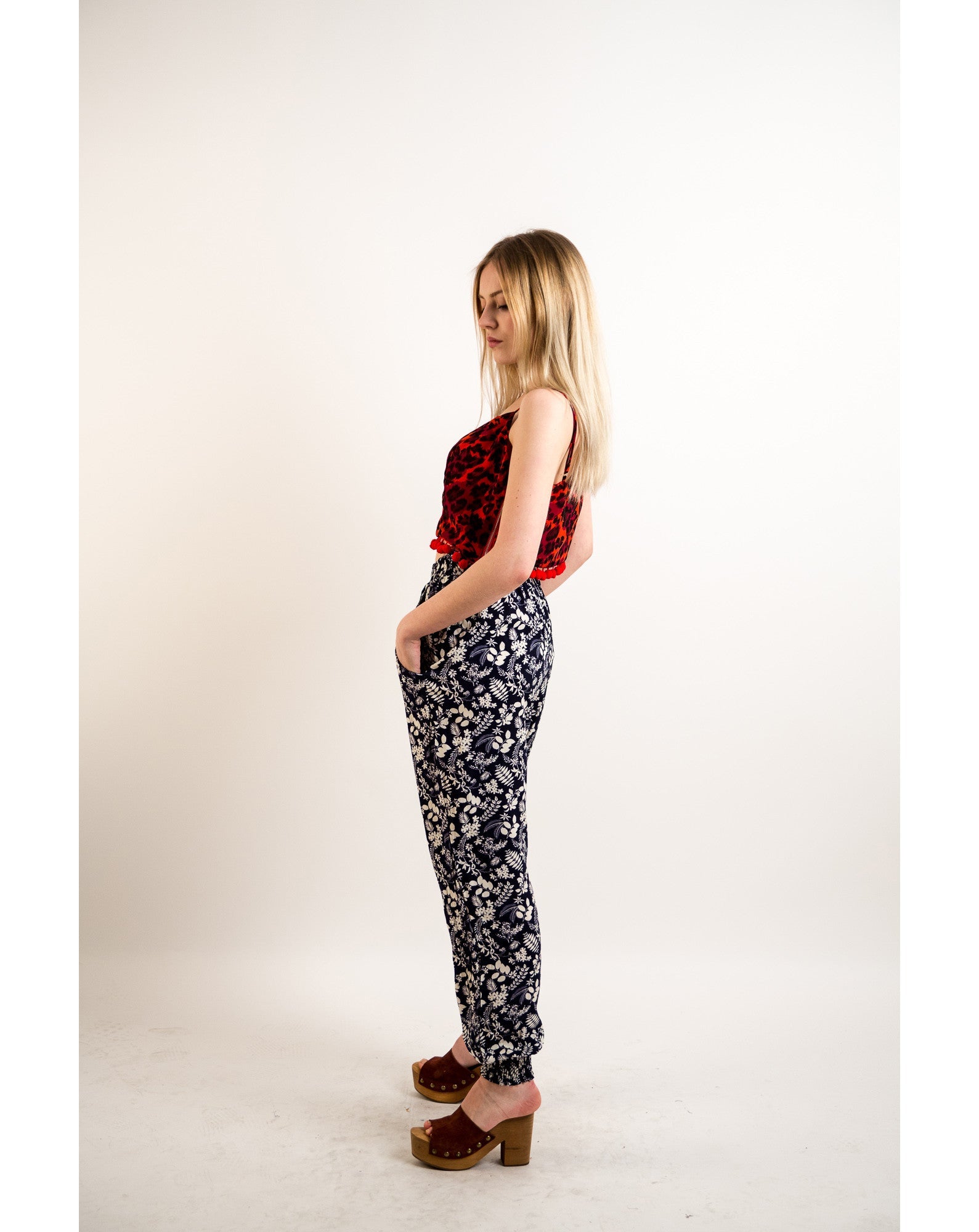 Olivia Row™ | Leaves print elasticated waist Cotton Trousers (BLUE)