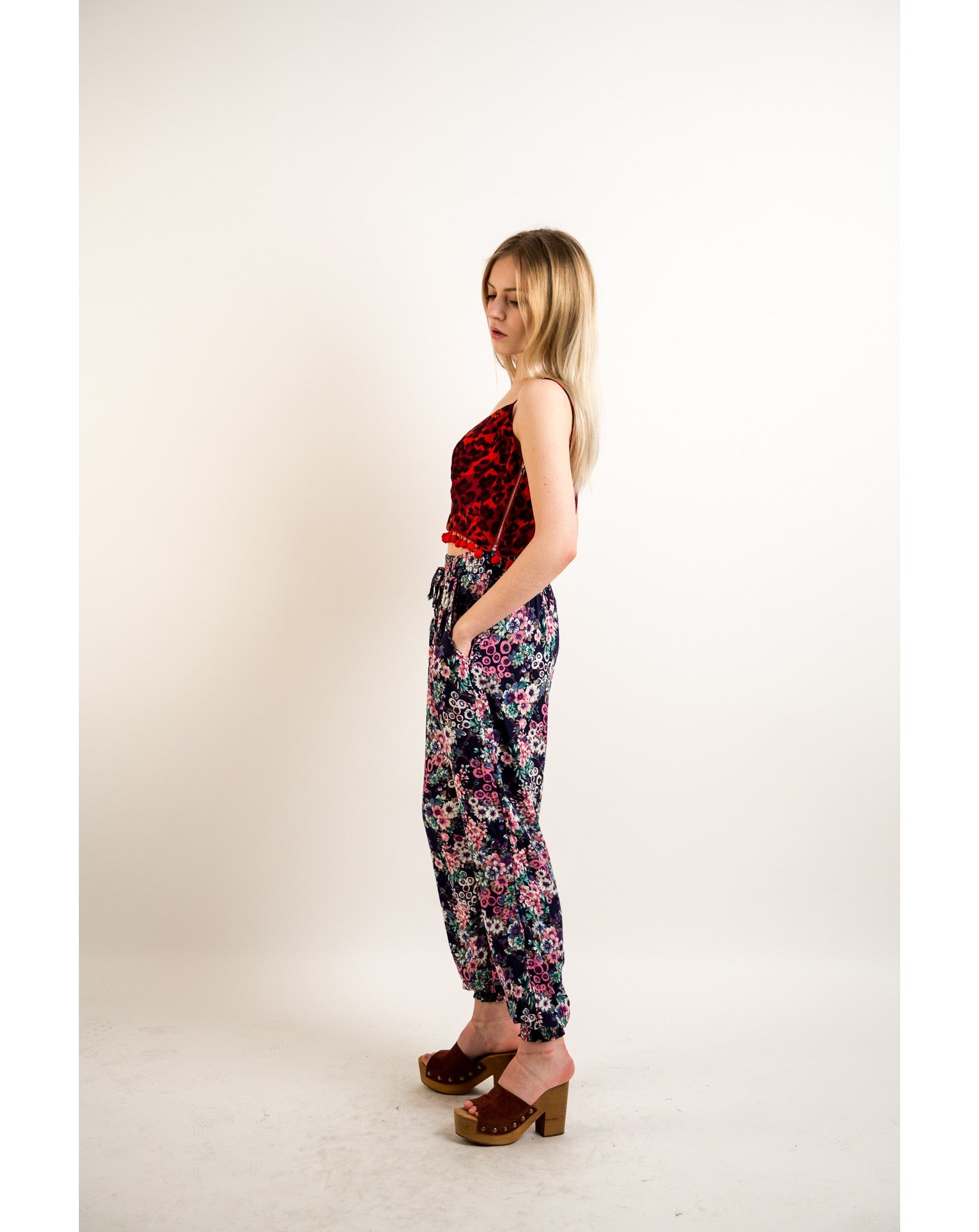 Olivia Row™ | Floral print elasticated waist Cotton Trousers (BLUE)