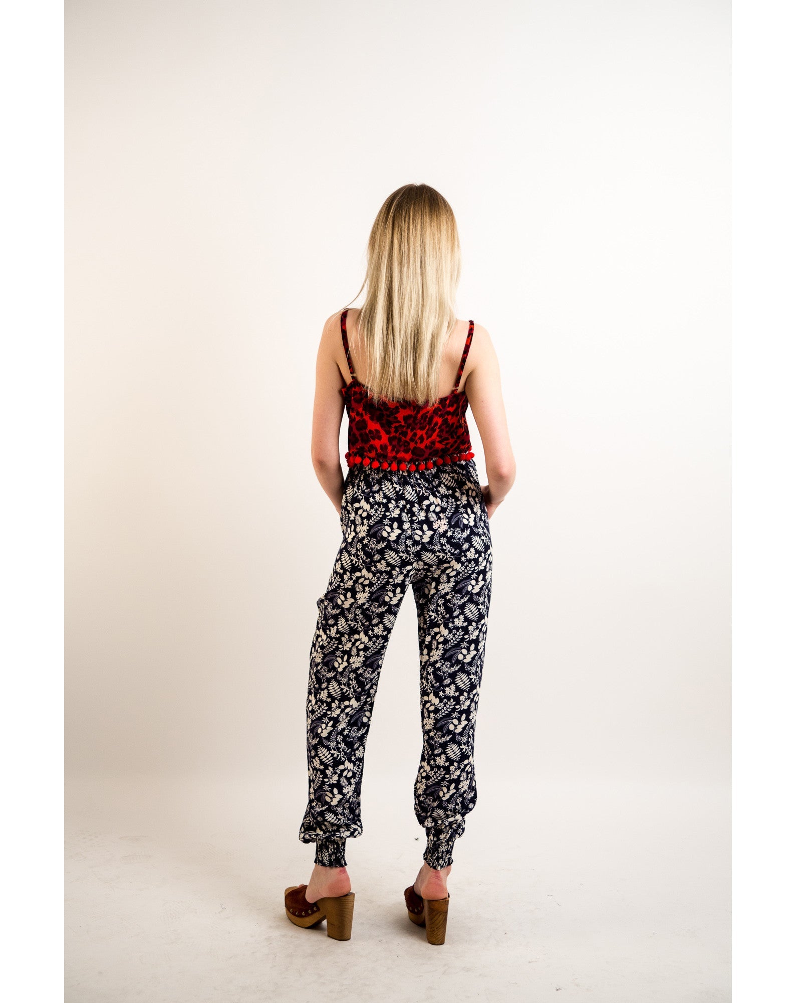 Olivia Row™ | Leaves print elasticated waist Cotton Trousers (BLUE)