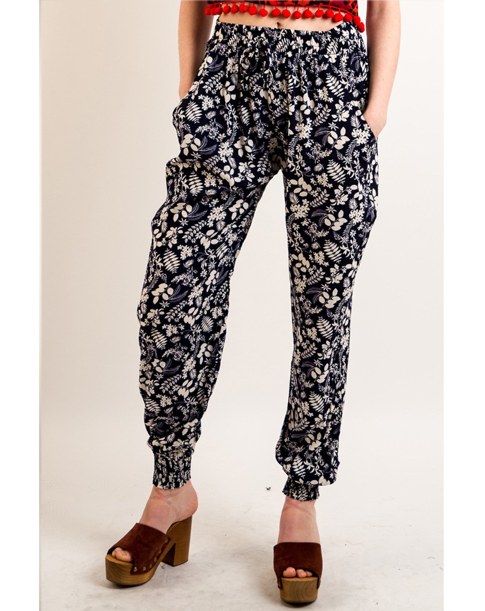 Olivia Row™ | Leaves print elasticated waist Cotton Trousers (BLUE)