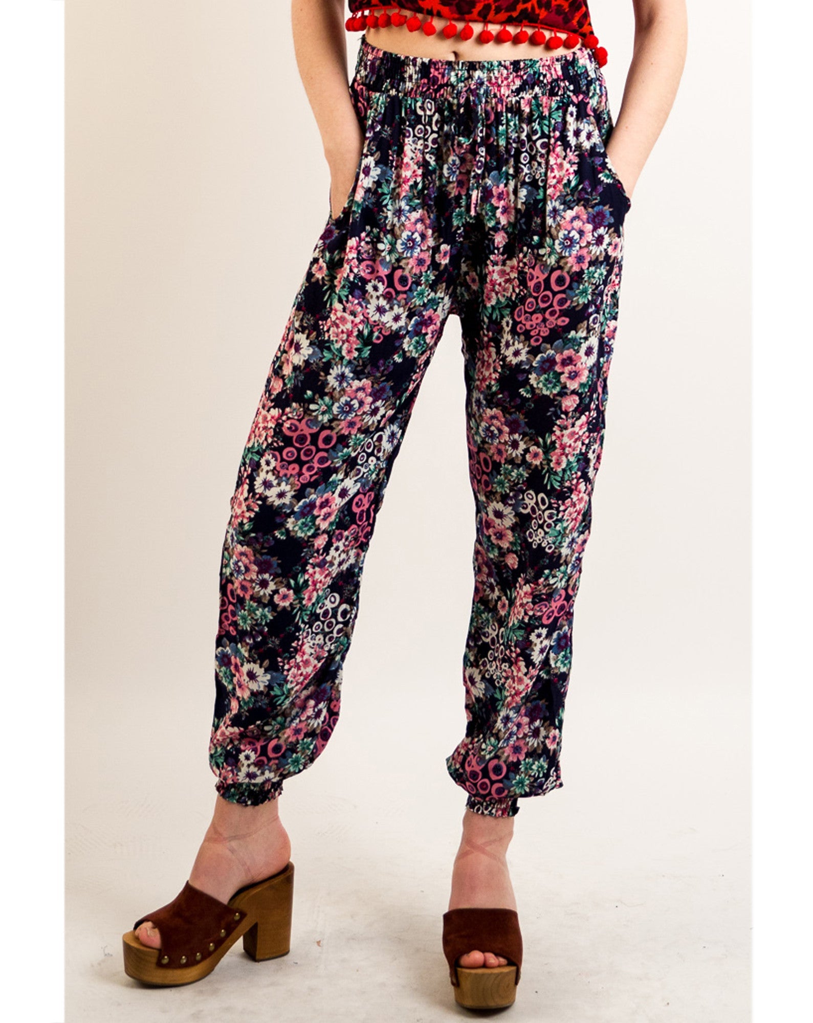Olivia Row™ | Floral print elasticated waist Cotton Trousers (BLUE)