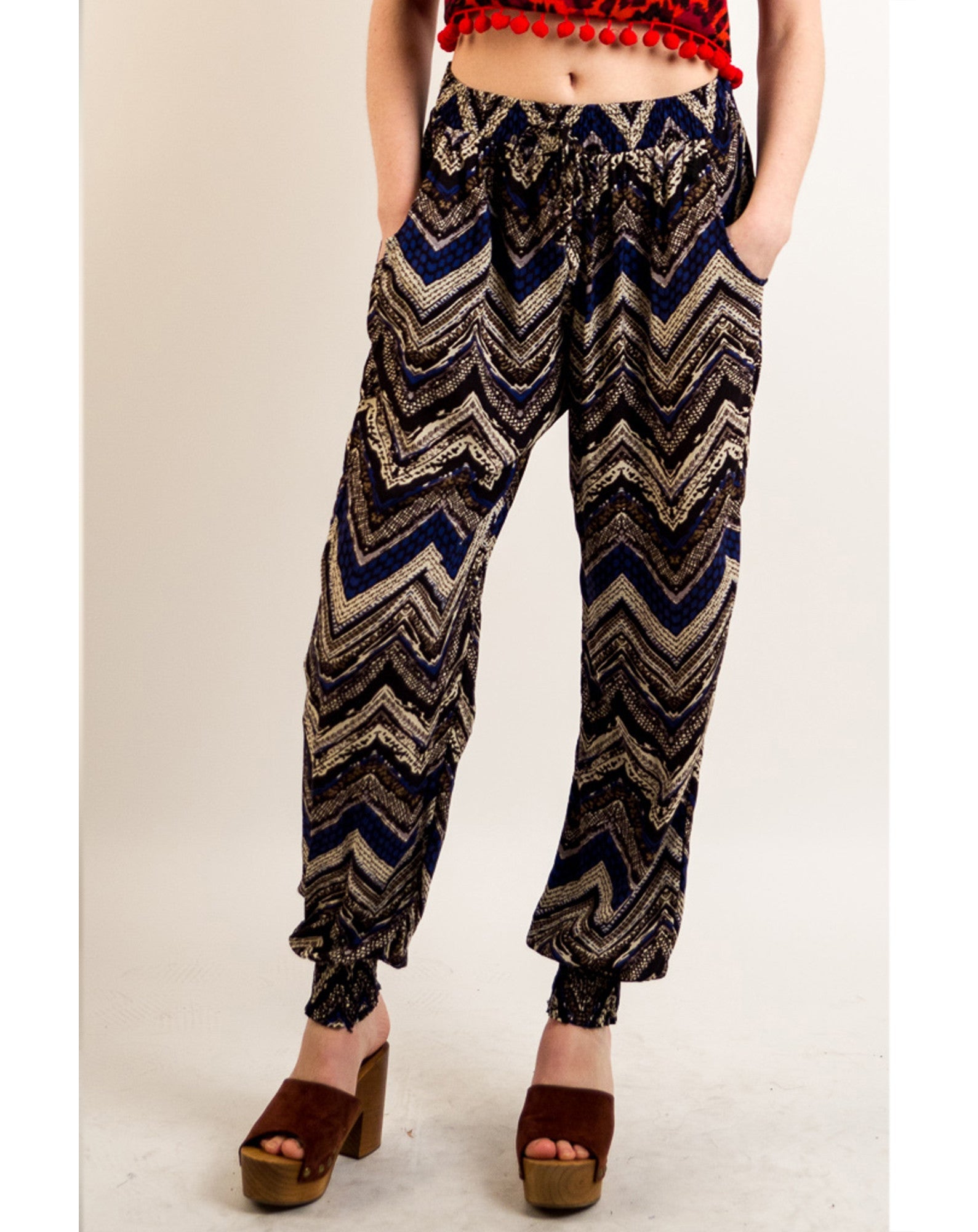 Olivia Row™ | Aztec print elasticated waist Cotton Trousers (BLUE)