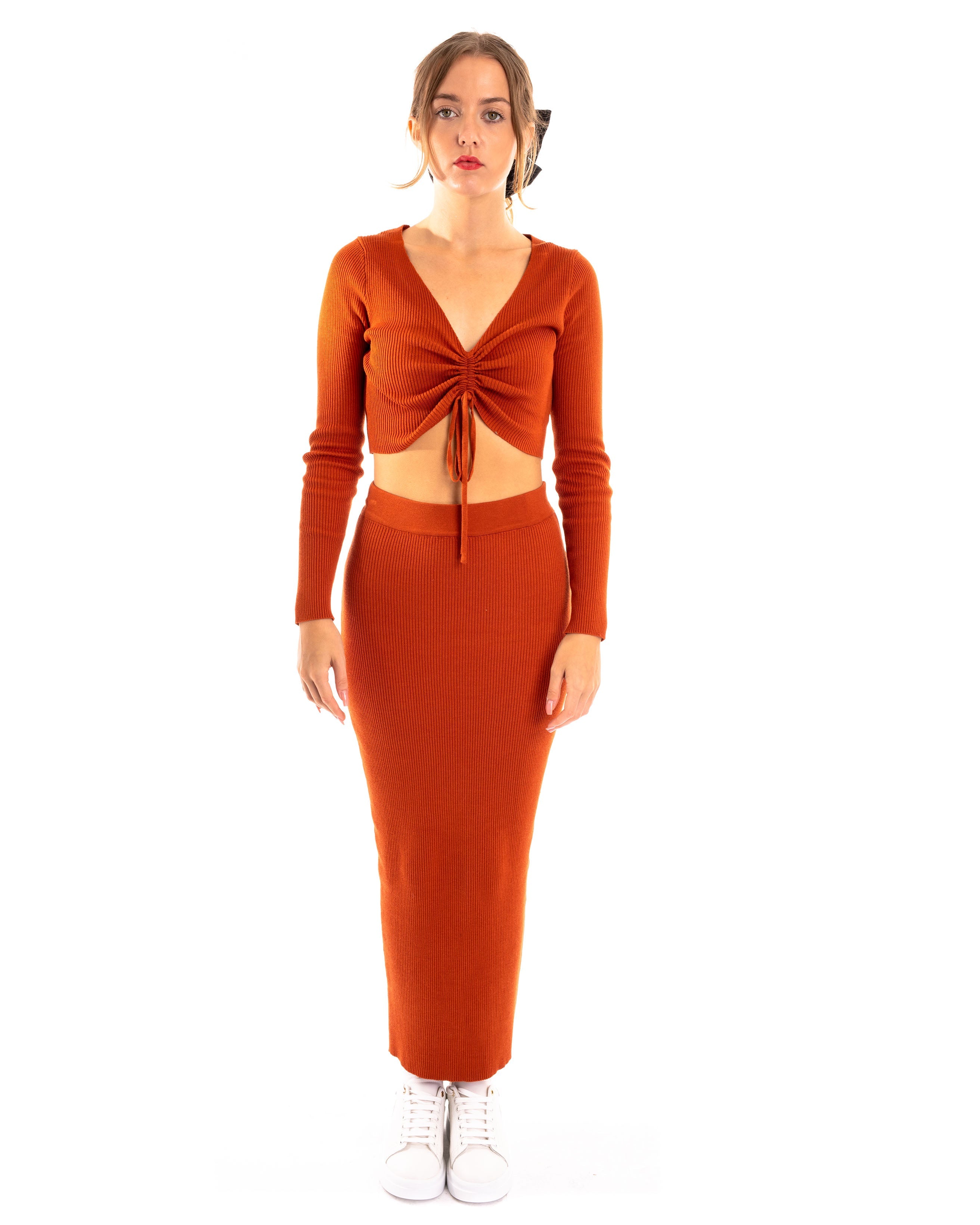Olivia Row™ | Gather lace up long sleeves top and maxi skirt co-ords suits in brown