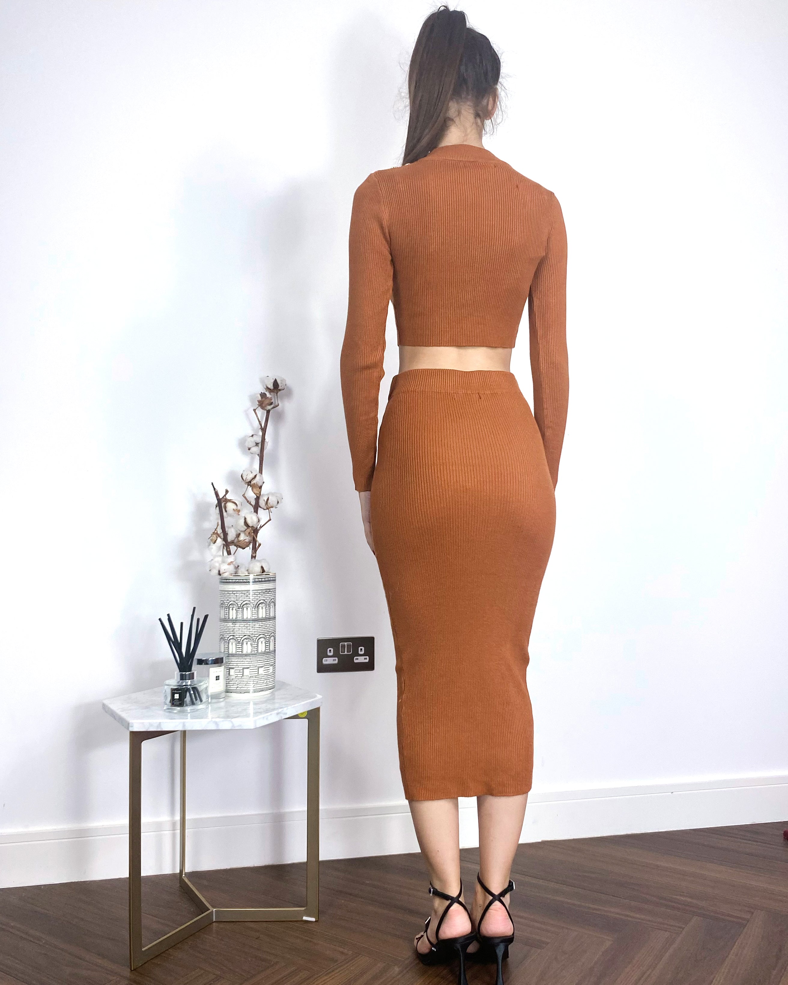 Olivia Row™ | Long sleeves top with buttons design and midi skirt co-ords suits in brown