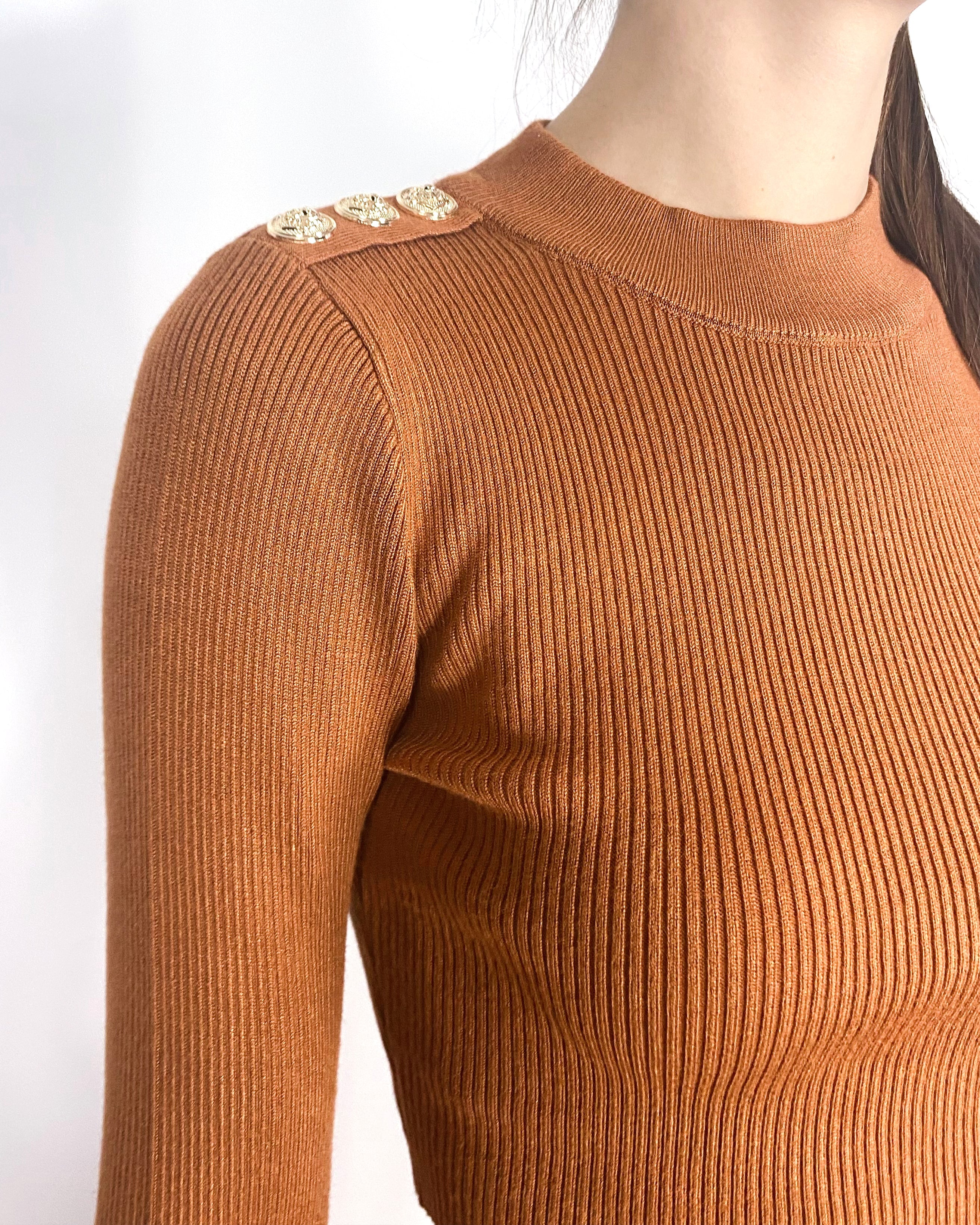 Olivia Row™ | Long sleeves top with buttons design and midi skirt co-ords suits in brown