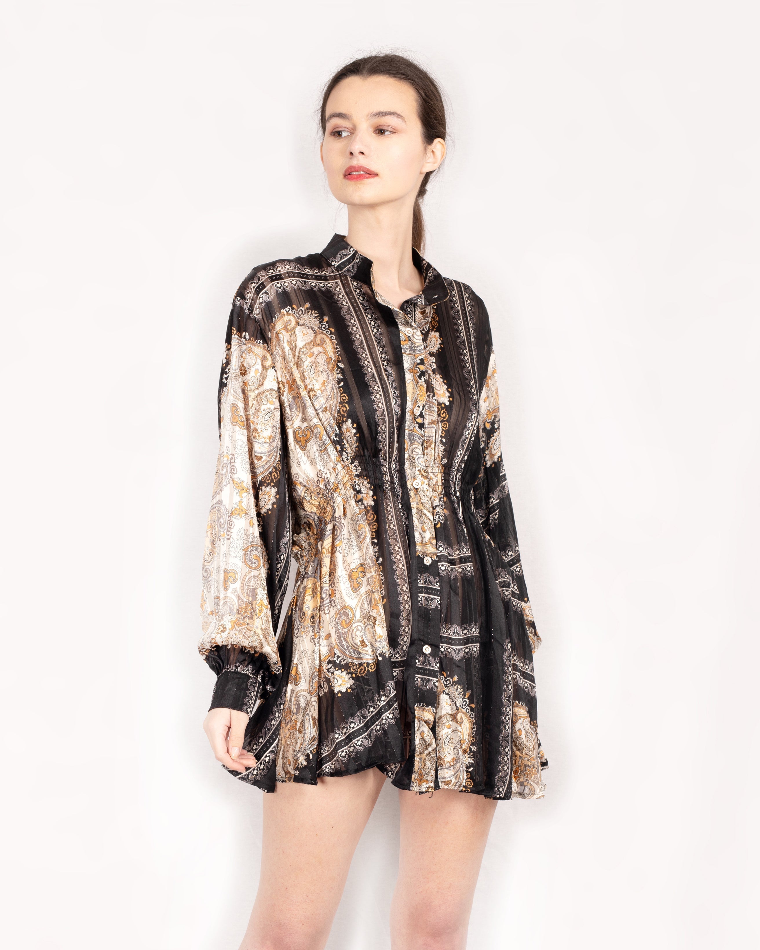 Olivia Row™ | Black and Gold Scarf Print Mini Shirt Dress
