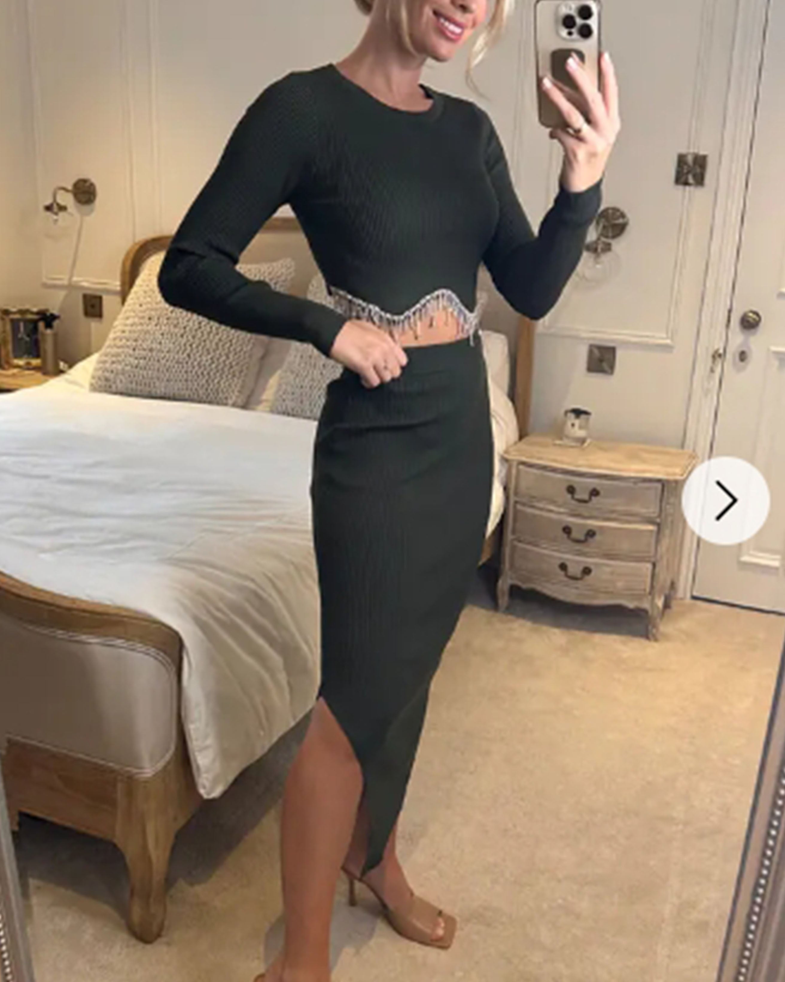 Olivia Row™ | Scalloped shape knit top with diamonded chain embellish and midi skirt co-ords in Green