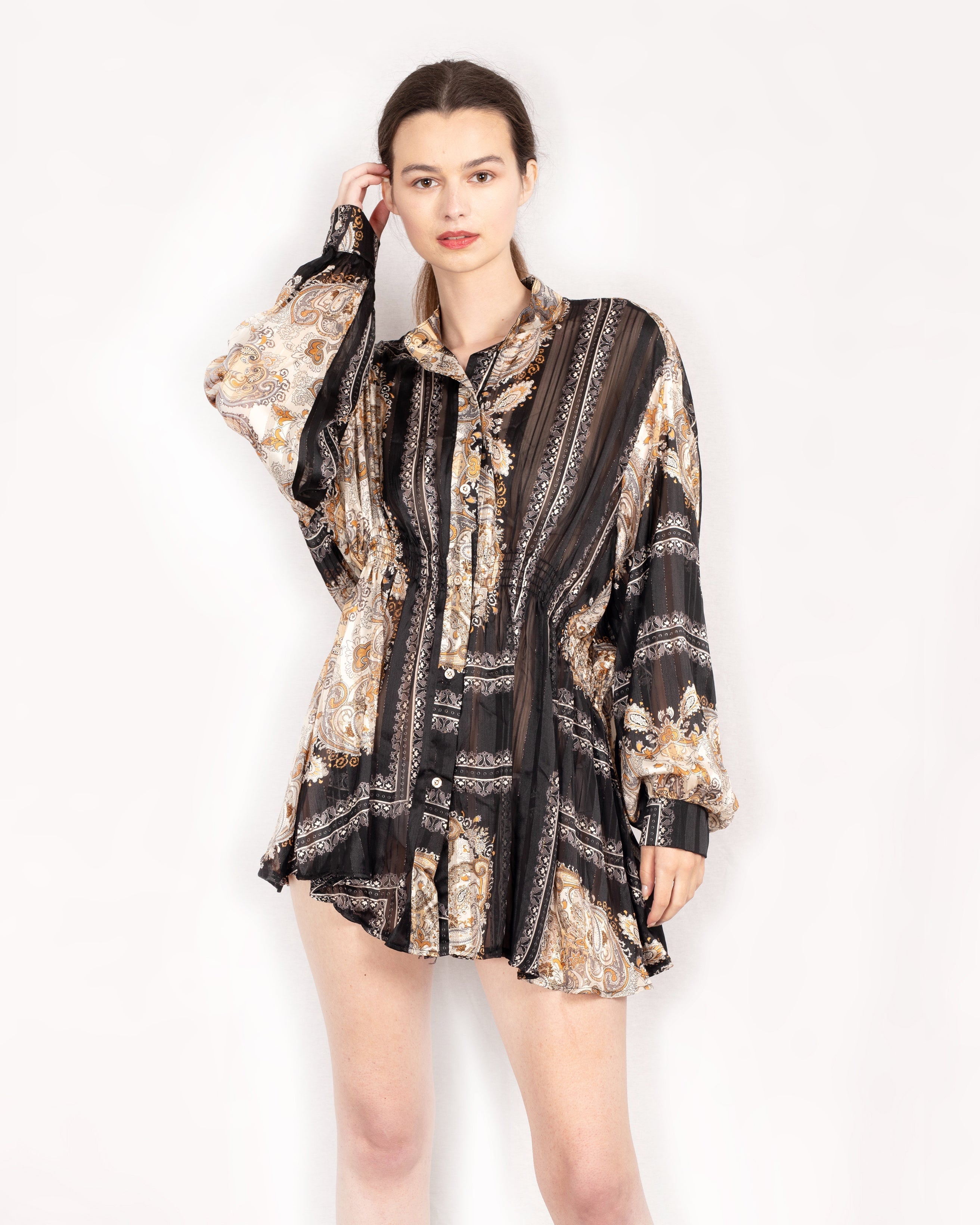 Olivia Row™ | Black and Gold Scarf Print Mini Shirt Dress