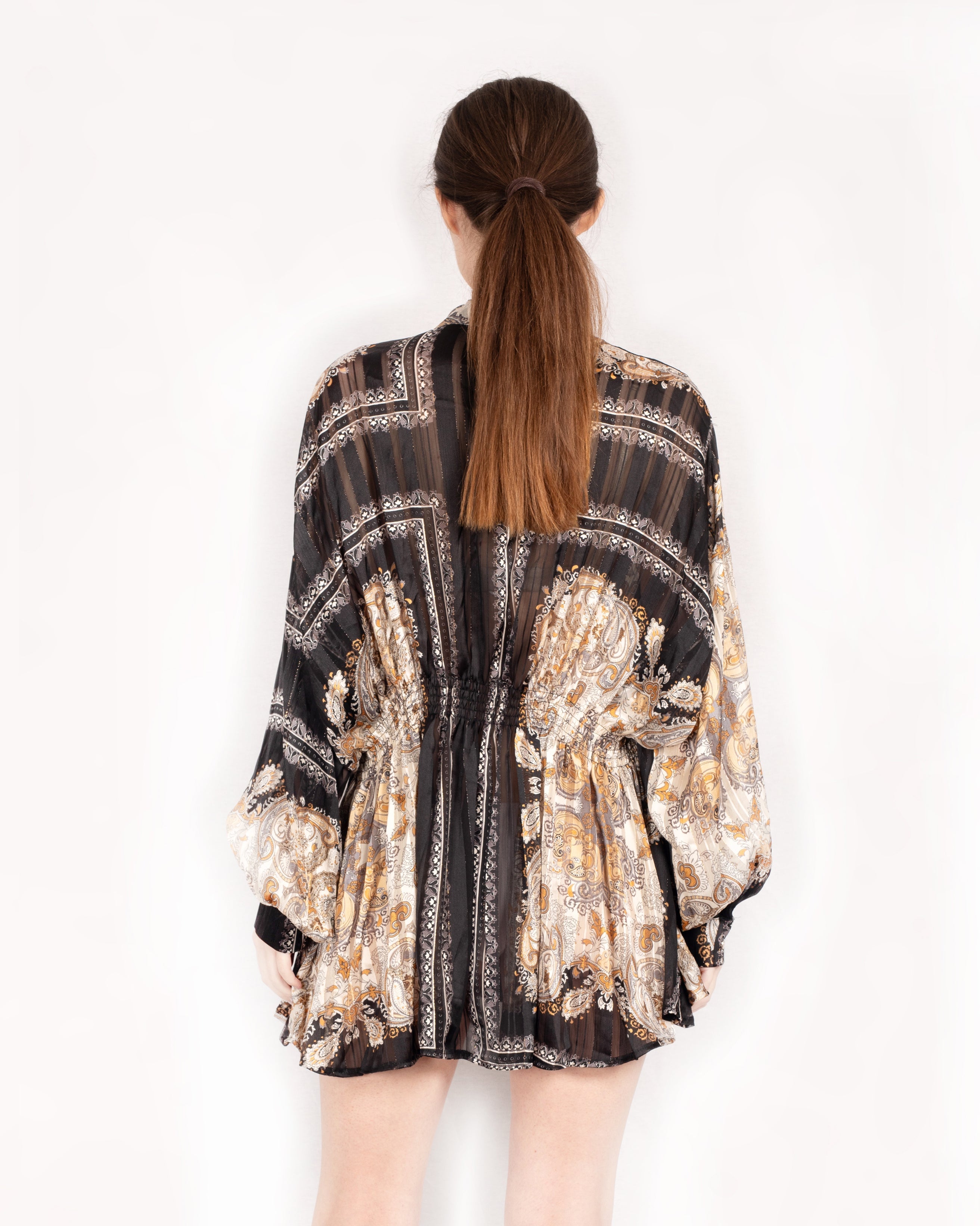Olivia Row™ | Black and Gold Scarf Print Mini Shirt Dress
