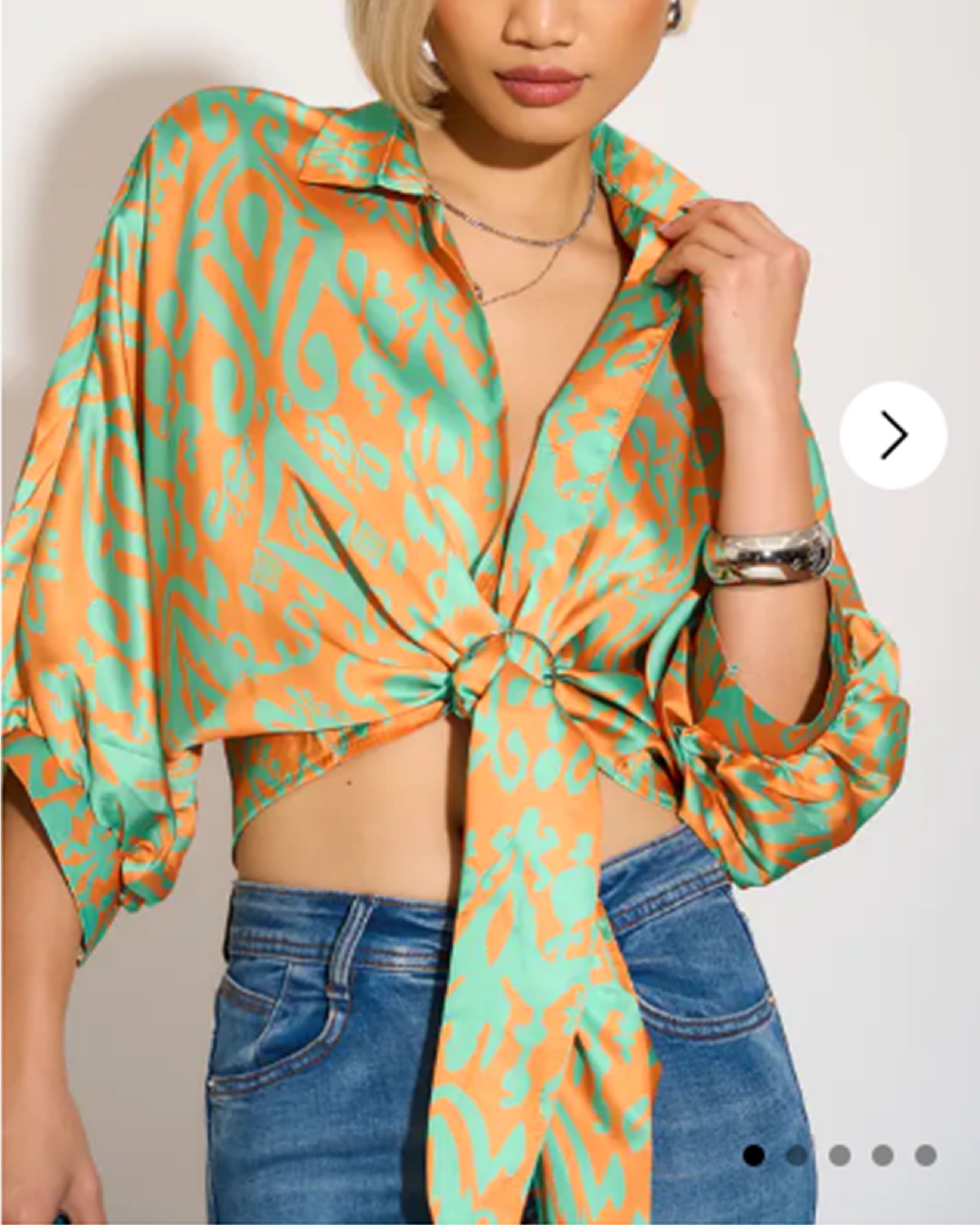 Olivia Row™ | Multi color print shirt with ring tie up design in Green