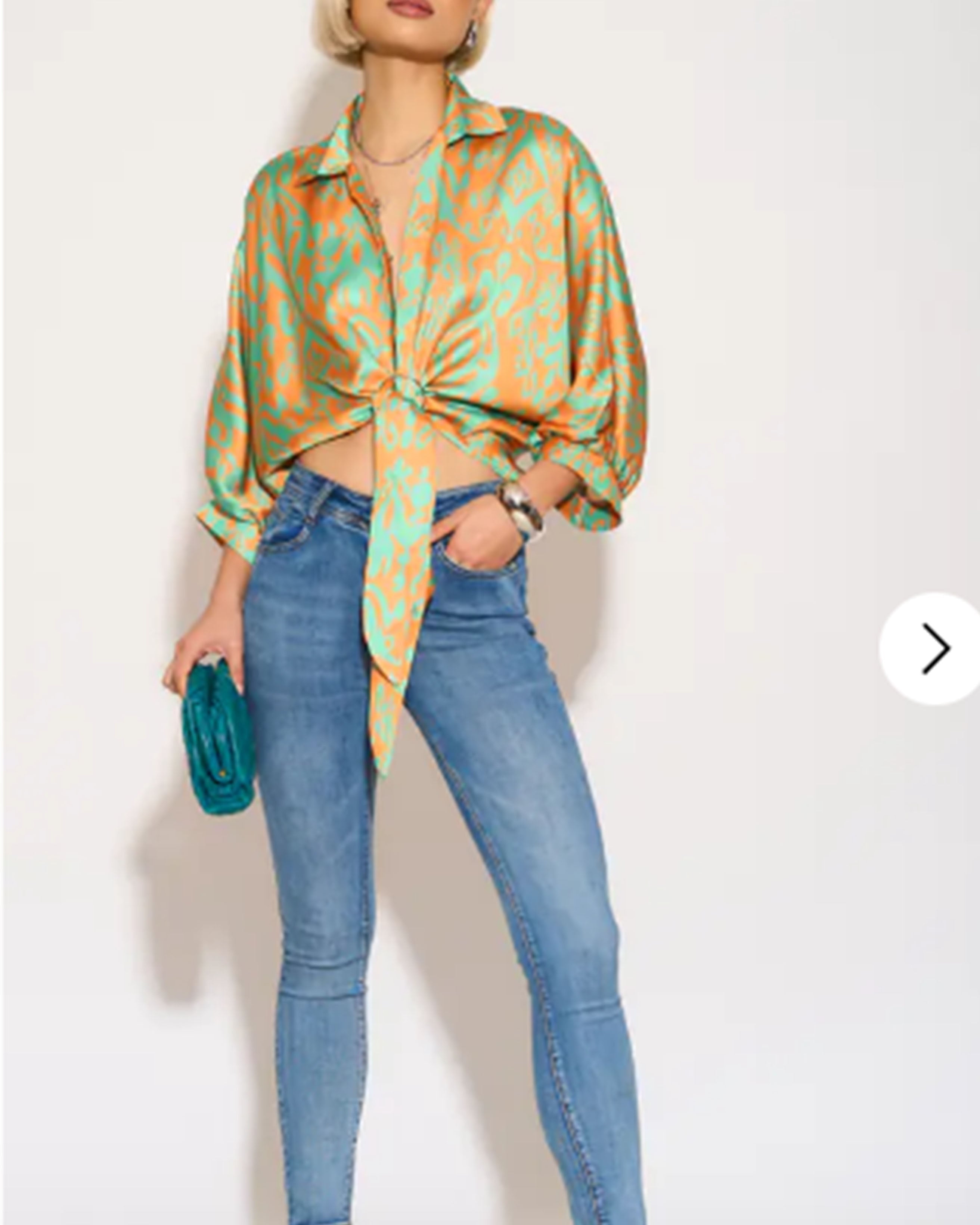 Olivia Row™ | Multi color print shirt with ring tie up design in Green