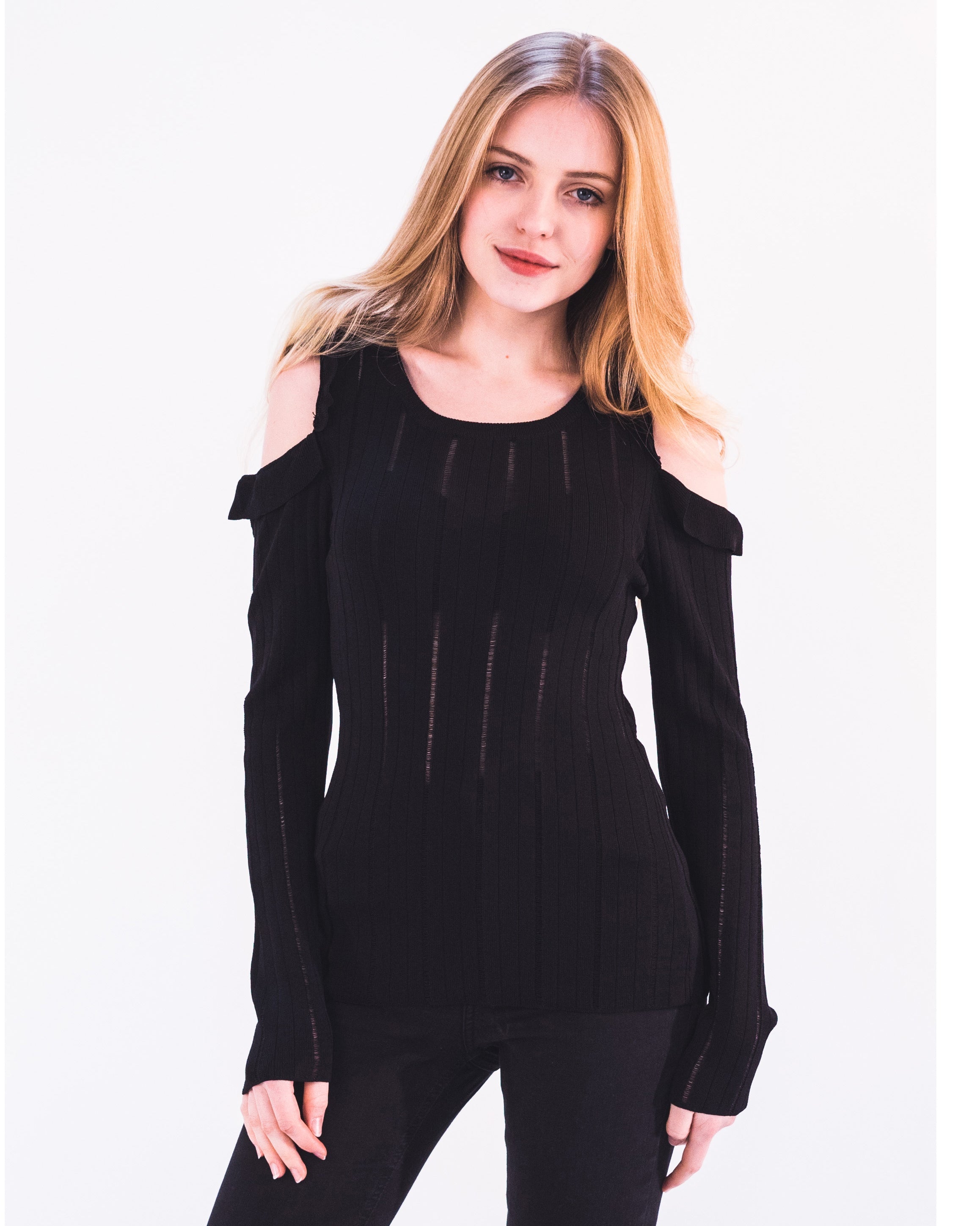 Olivia Row™ | Frilled Cold Shoulder jumper top (Black)