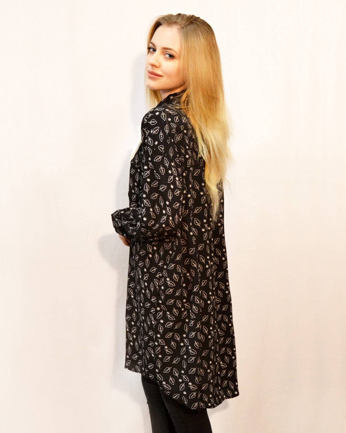 Olivia Row™ | Allover leaves print chiffon shirt dress with scarf (BLACK)