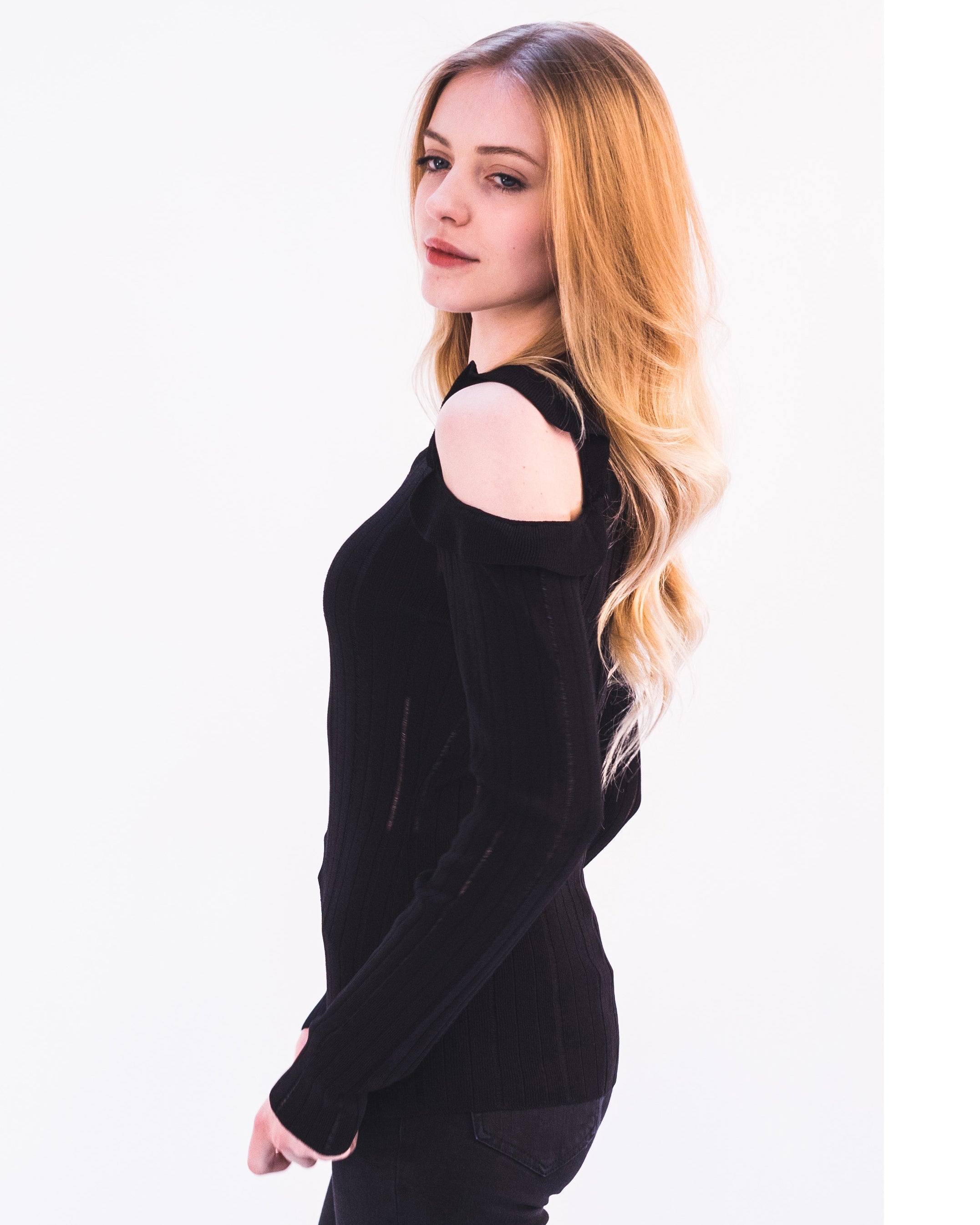 Olivia Row™ | Frilled Cold Shoulder jumper top (Black)