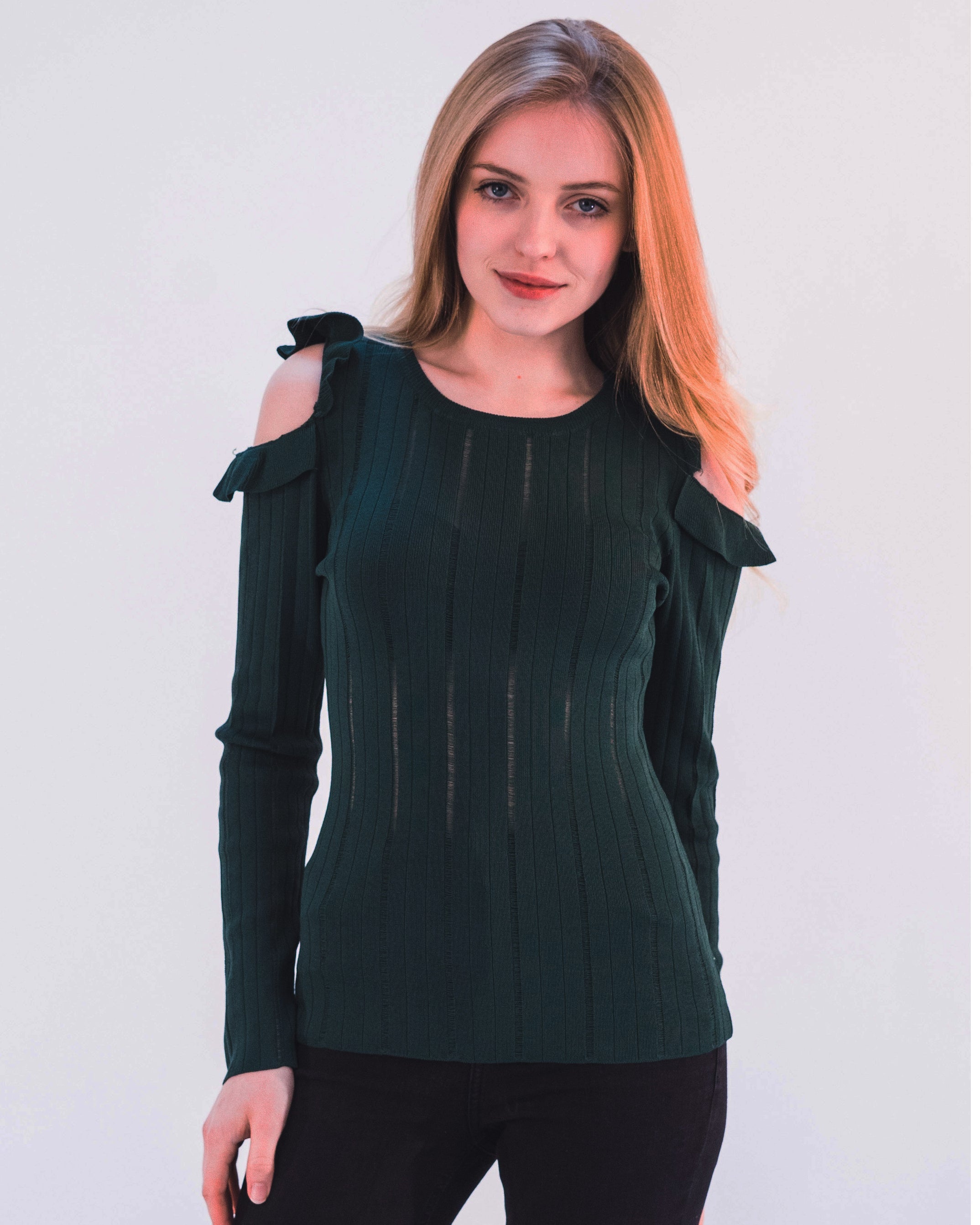 Olivia Row™ | Frilled Cold Shoulder pointelle stitch top (Green)