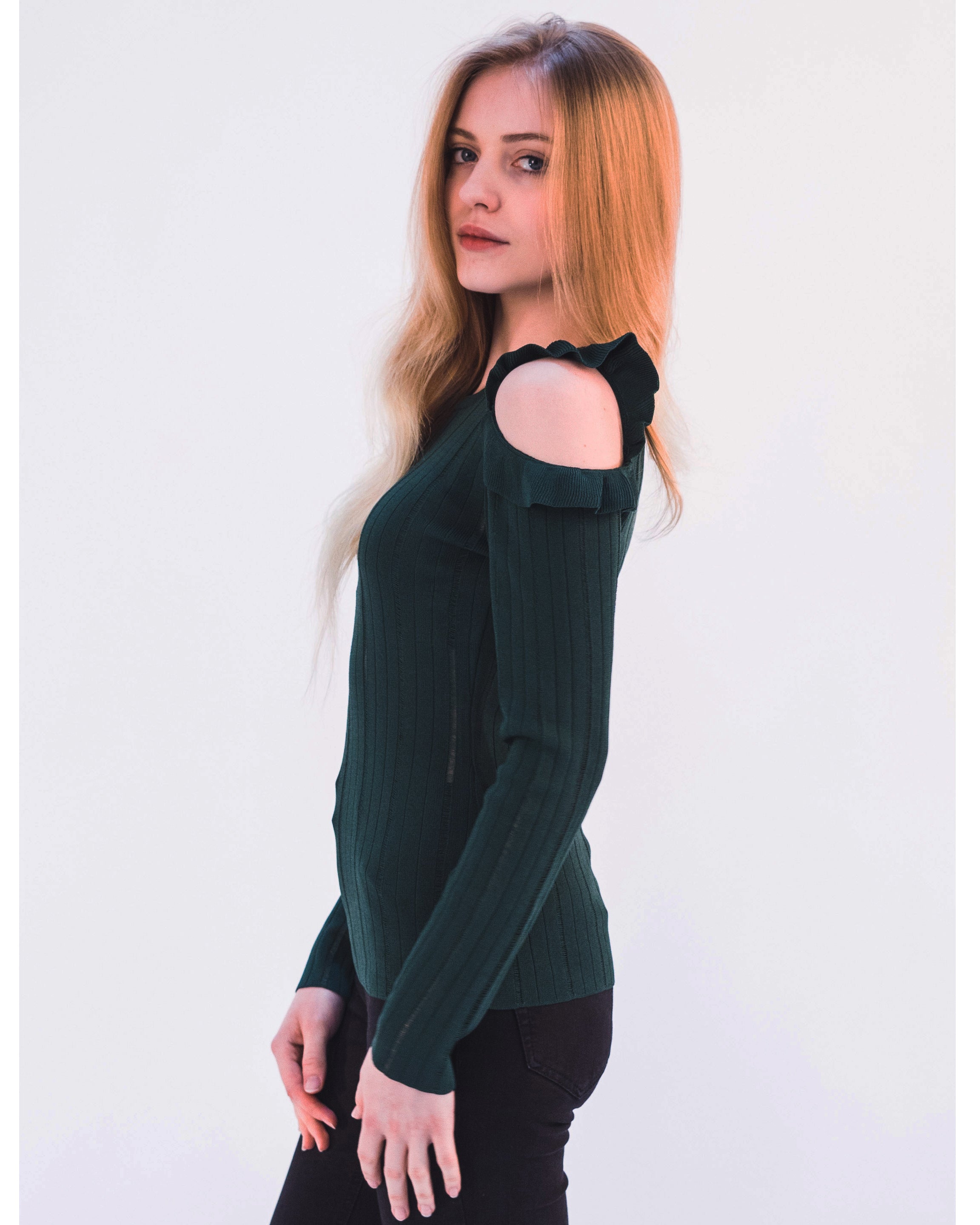 Olivia Row™ | Frilled Cold Shoulder pointelle stitch top (Green)