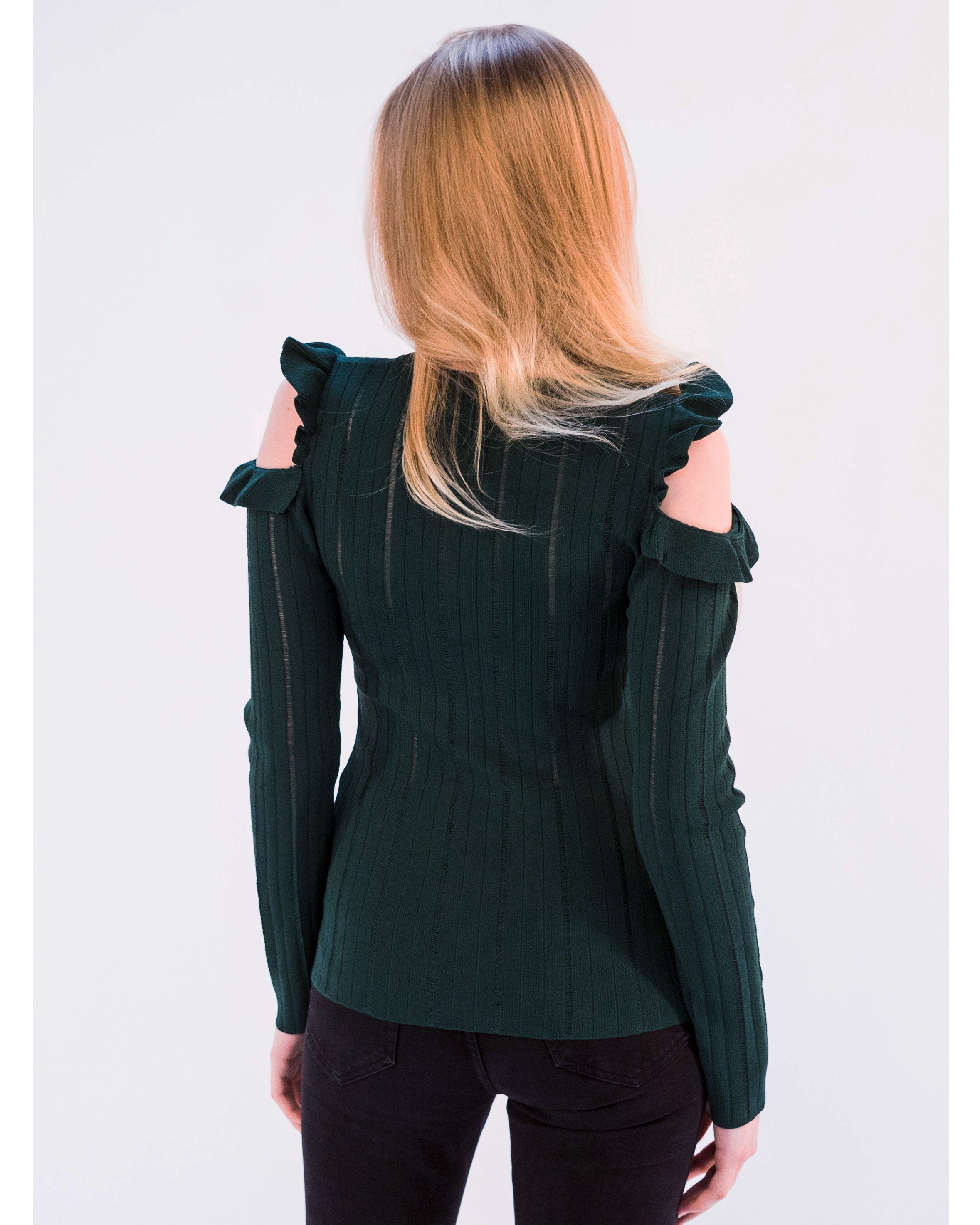 Olivia Row™ | Frilled Cold Shoulder pointelle stitch top (Green)