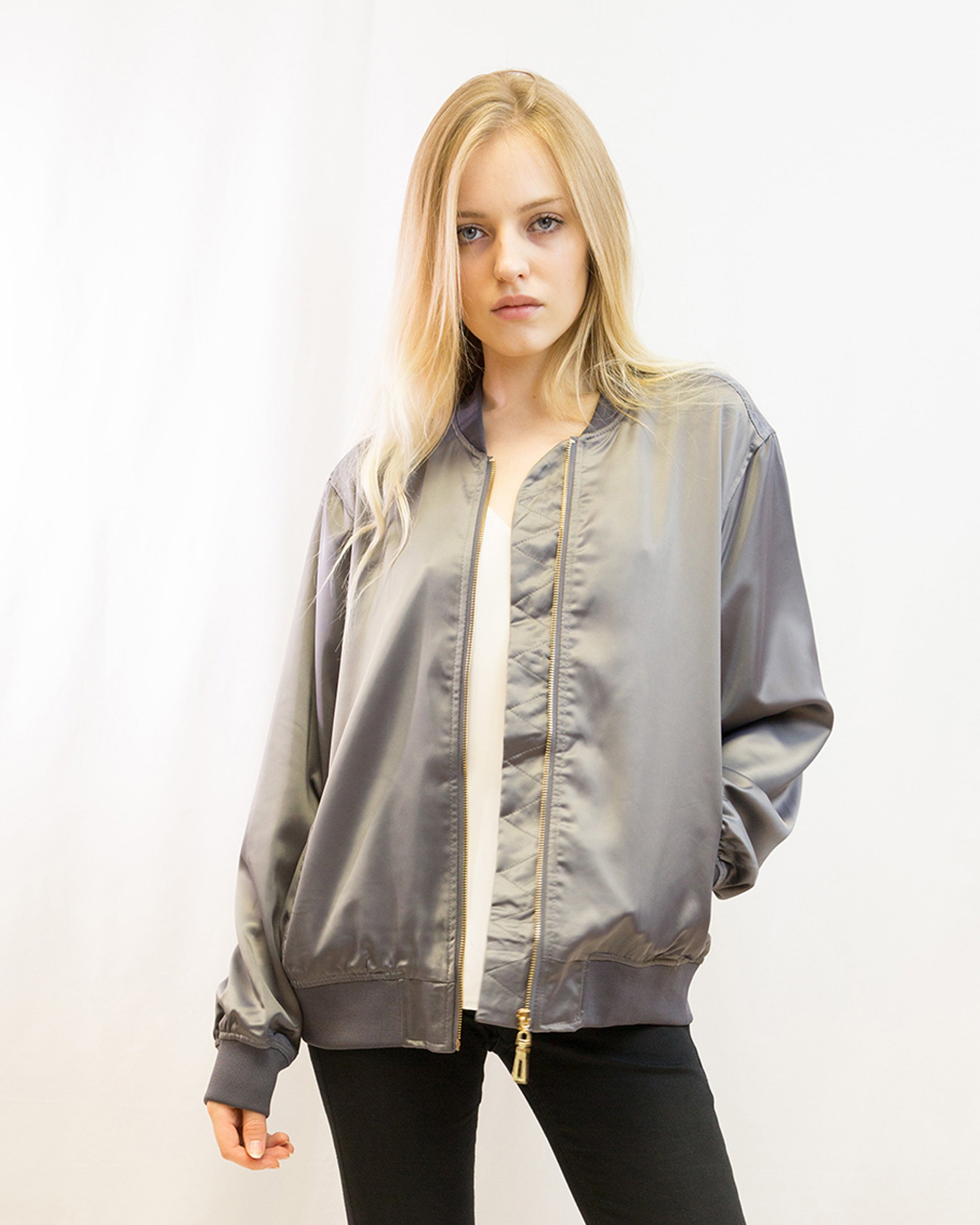 Olivia Row™ | Plain Color Oversized satin Bomber Jacket