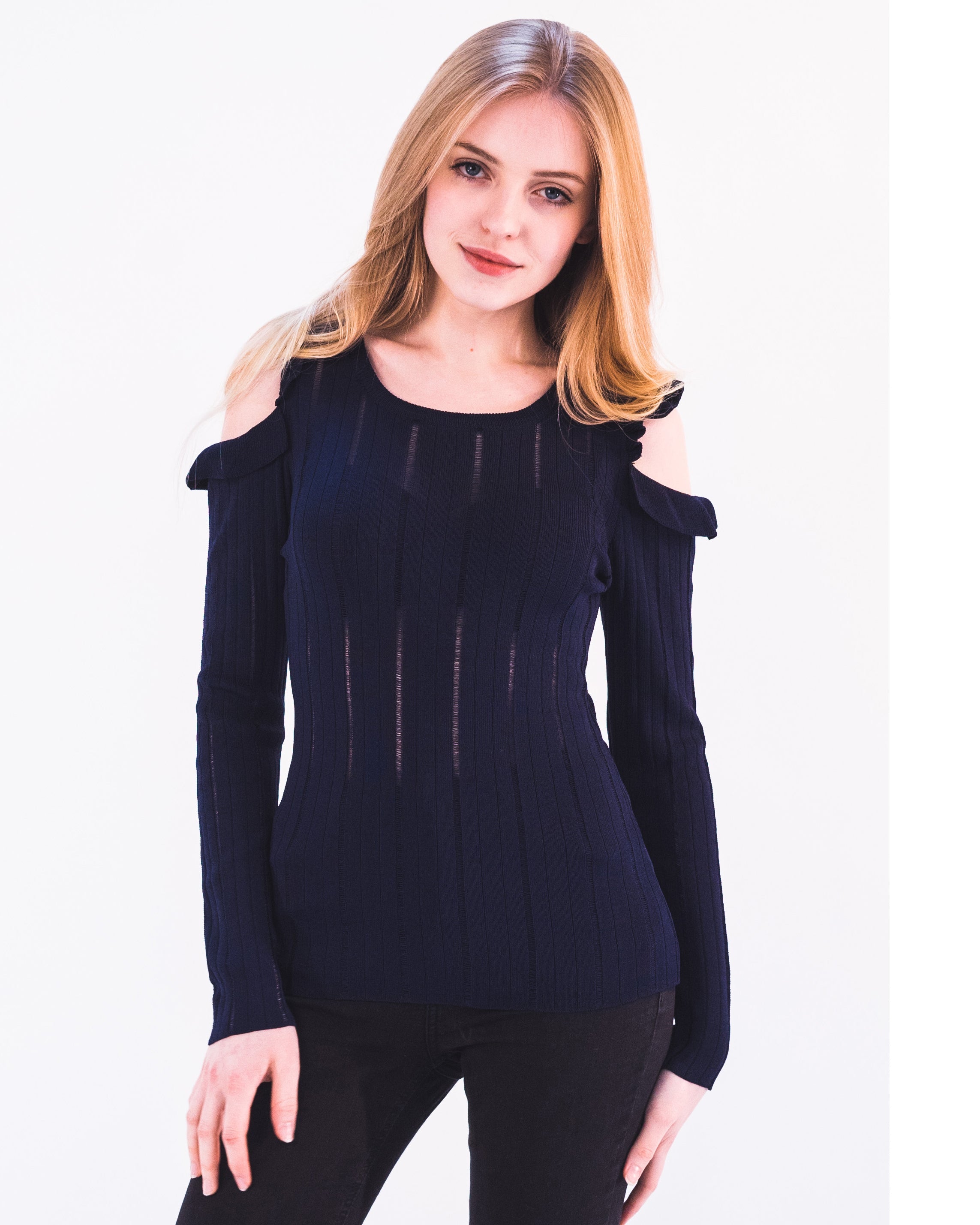 Olivia Row™ | Frilled Cold Shoulder pointelle stitch top (Navy)