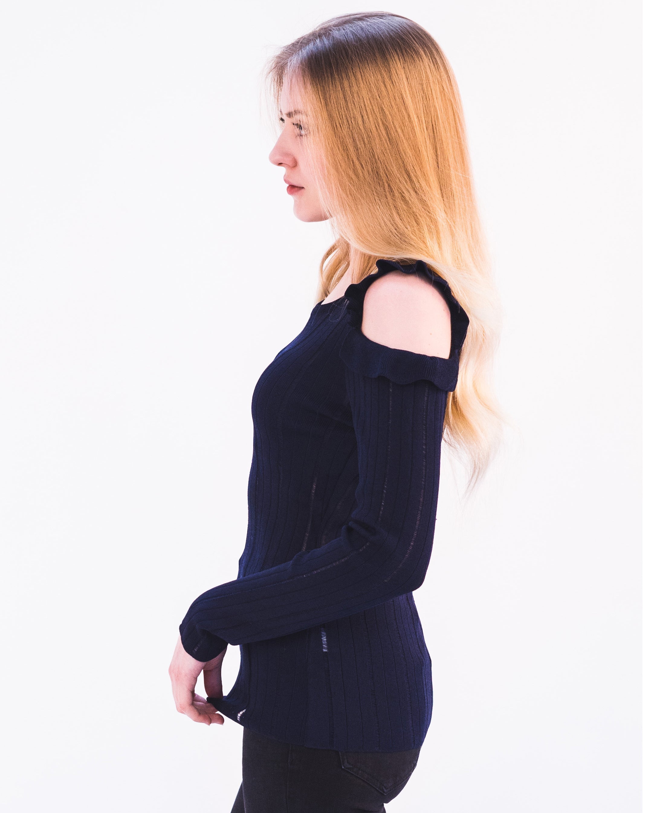 Olivia Row™ | Frilled Cold Shoulder pointelle stitch top (Navy)