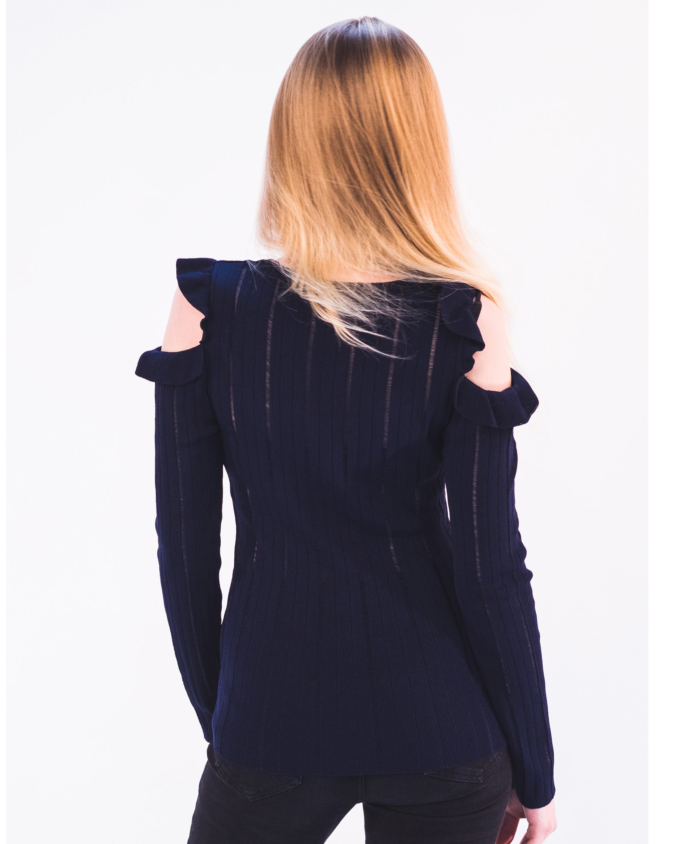 Olivia Row™ | Frilled Cold Shoulder pointelle stitch top (Navy)