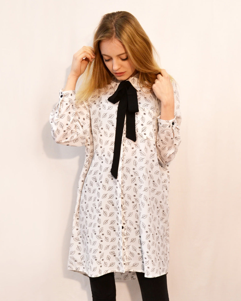 Olivia Row™ | Allover leaves printed chiffon shirt dress with scarf (WHITE)