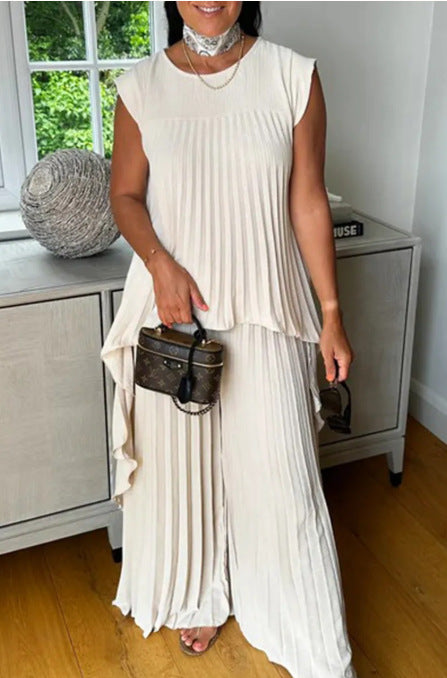 Laney Jumpsuit Pleated Midi Top and Elastic Wide Leg Pants Set