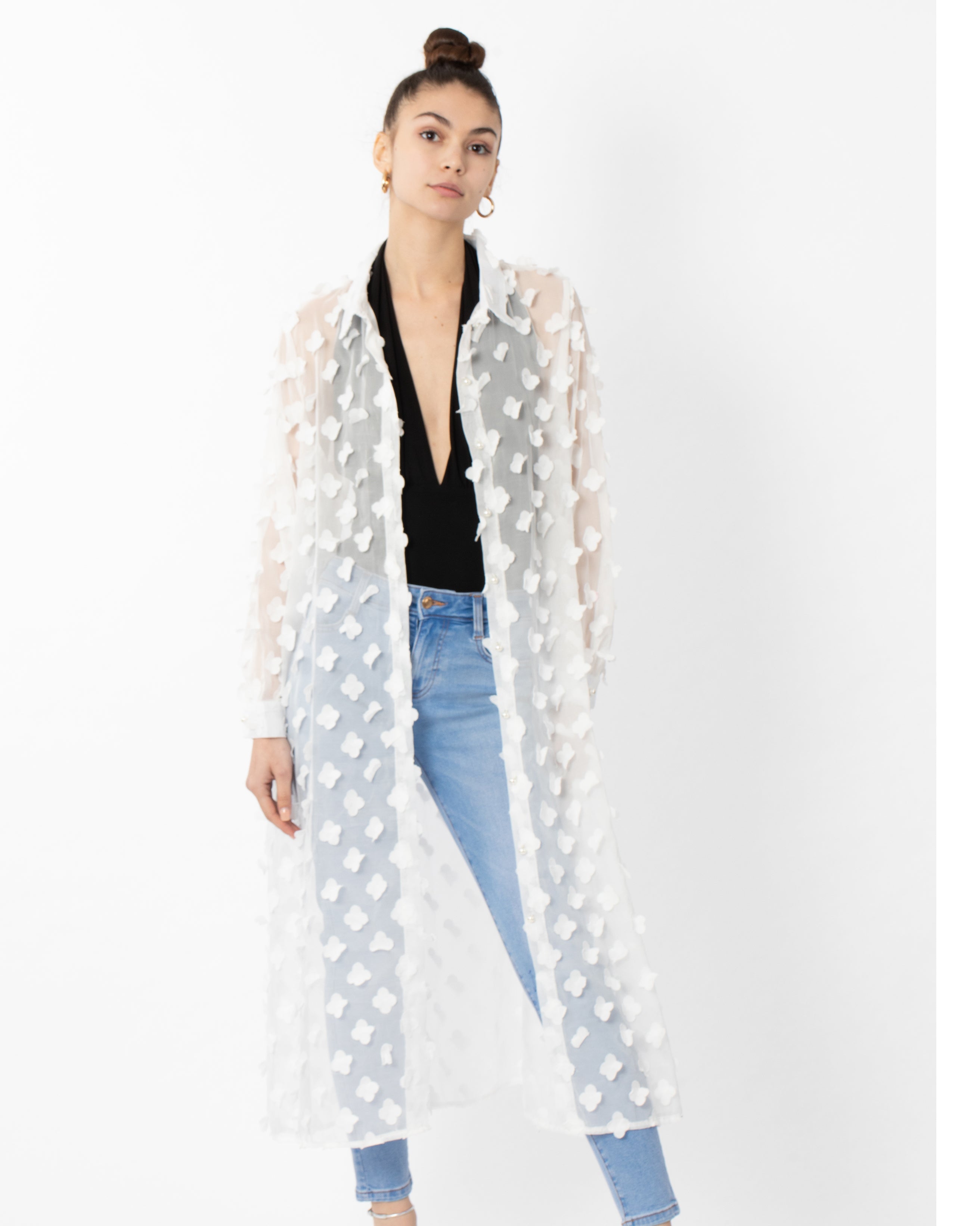 Olivia Row™ | Oversized long shirt dress with floral embellished design in White