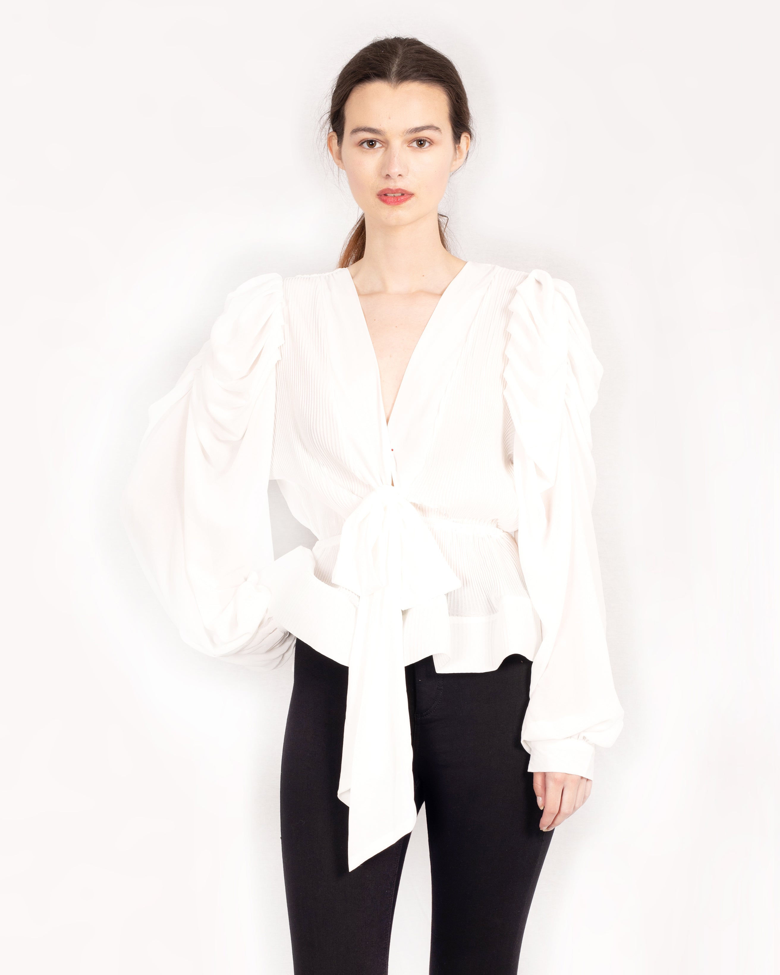 Olivia Row™ | White Frill sleeves blouse bow tie up front with mesh hem