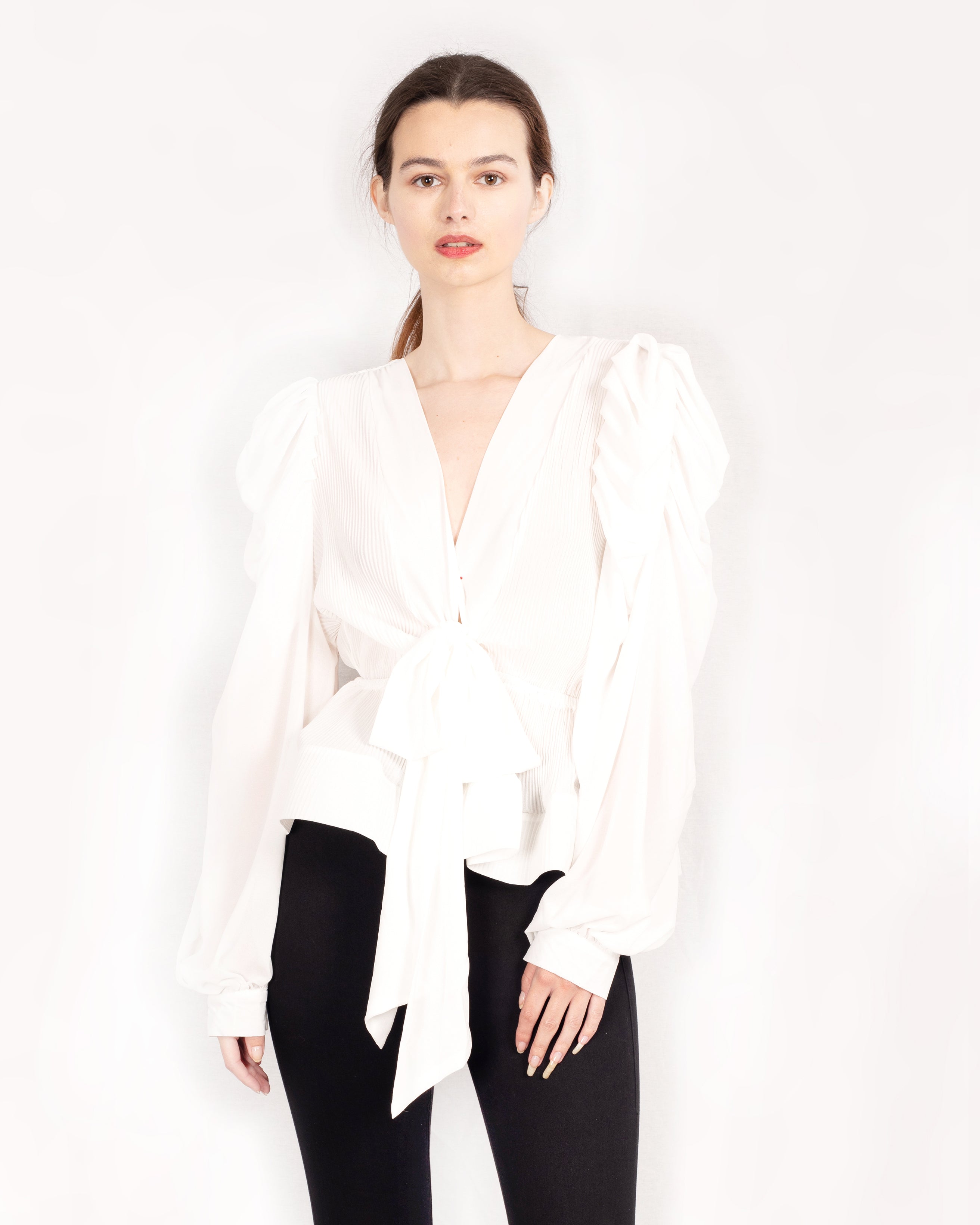 Olivia Row™ | White Frill sleeves blouse bow tie up front with mesh hem