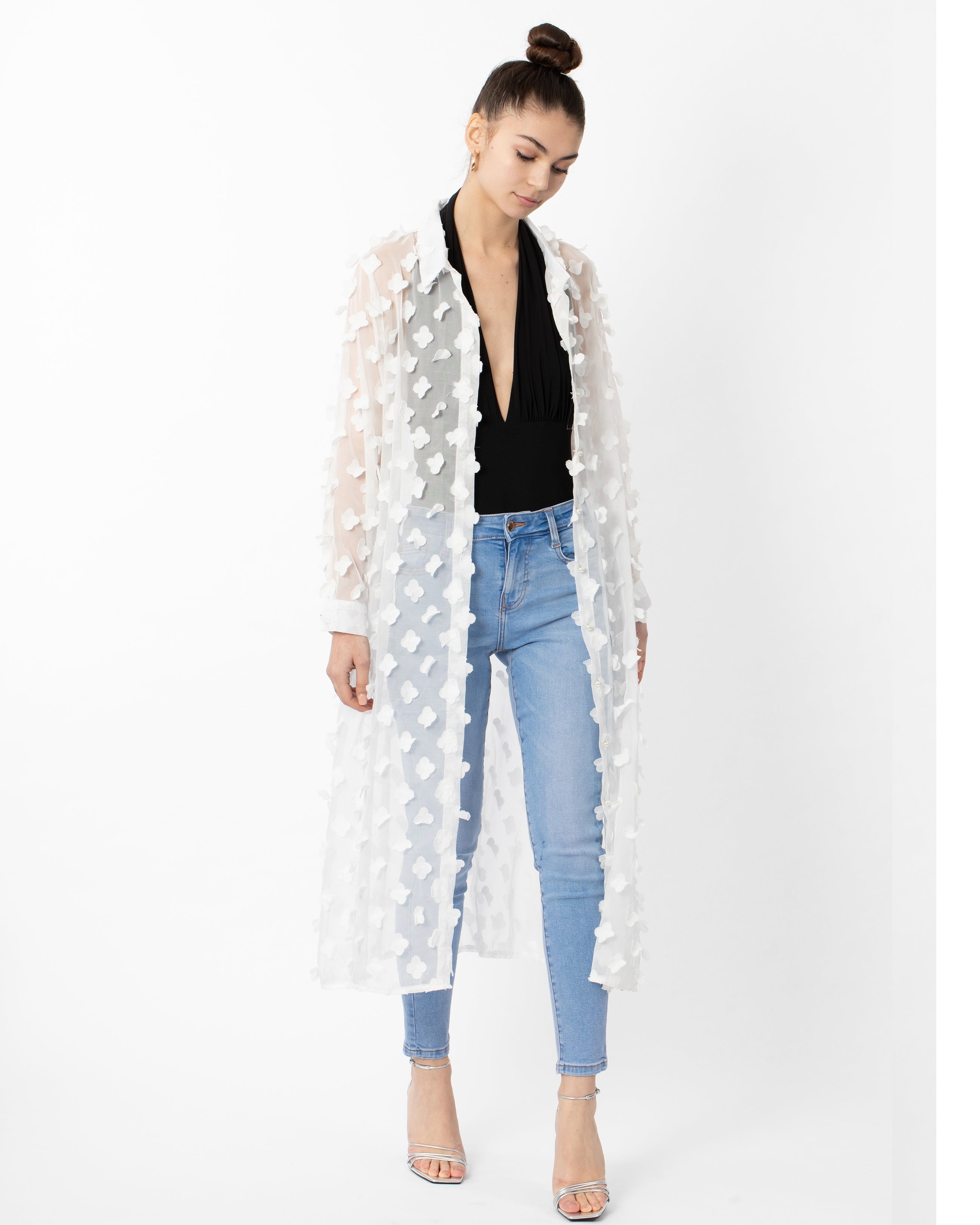 Olivia Row™ | Oversized long shirt dress with floral embellished design in White