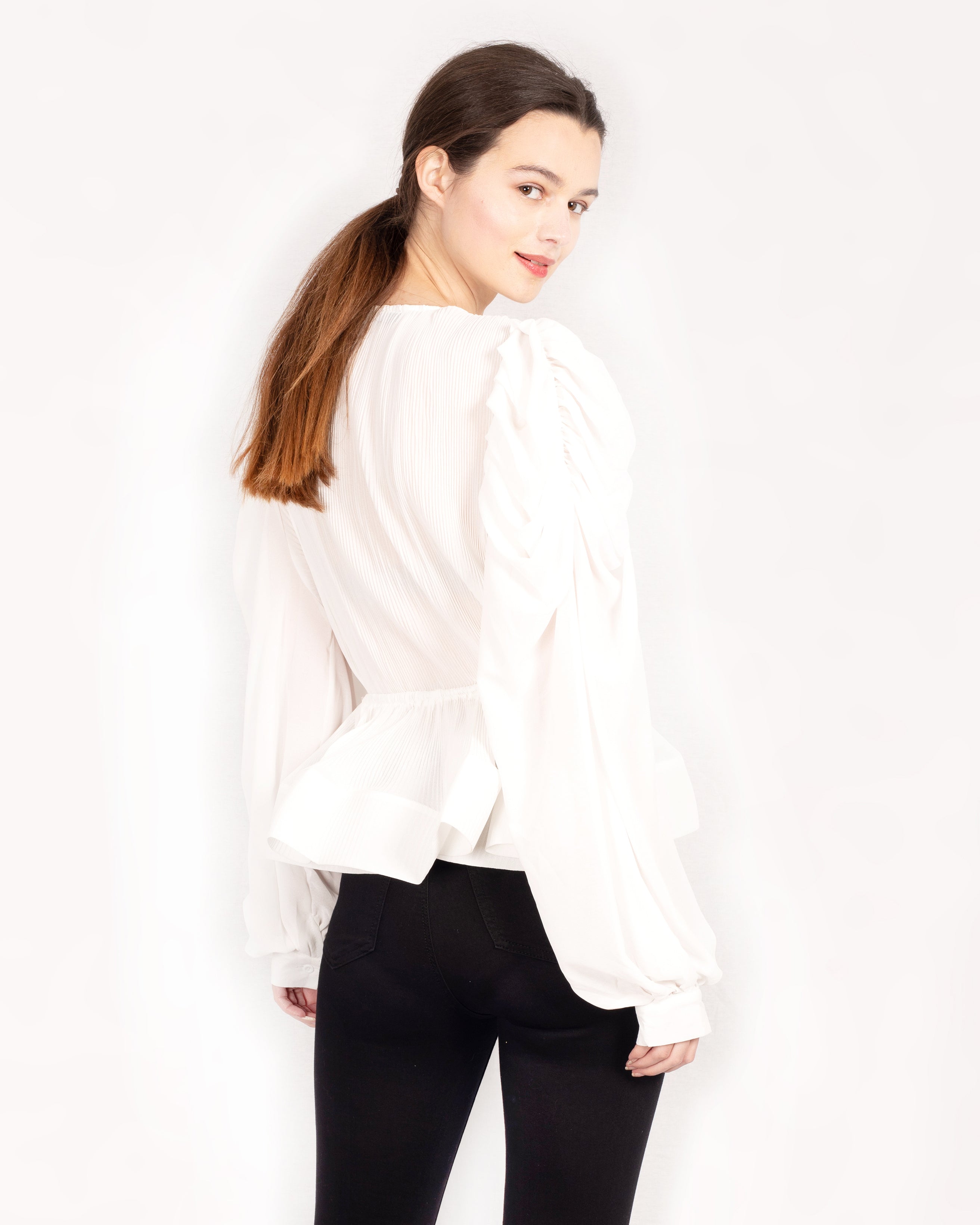 Olivia Row™ | White Frill sleeves blouse bow tie up front with mesh hem
