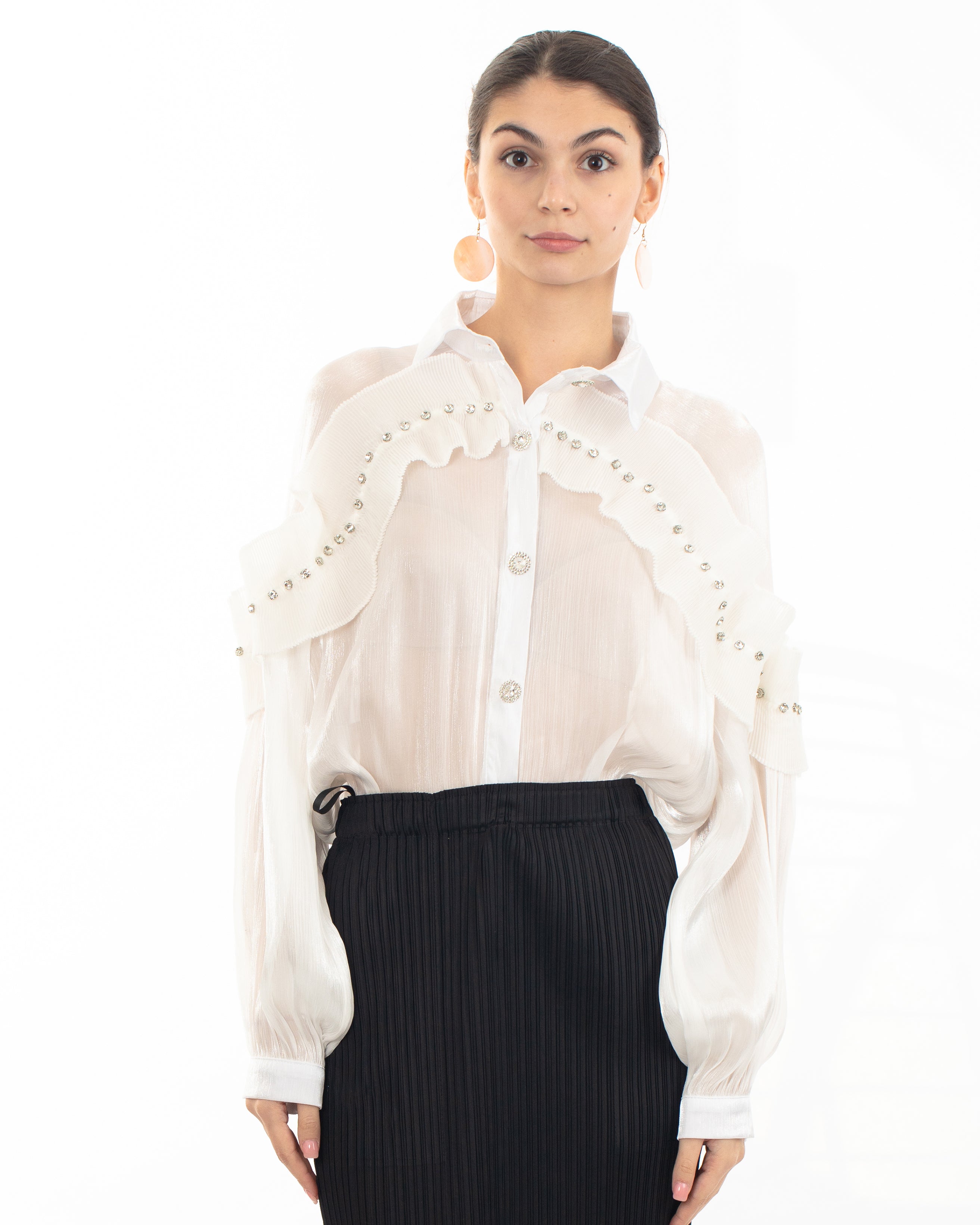 Olivia Row™ | Pleated ruffles with multi dimoned stone embellished sleeves design organza shirt in white