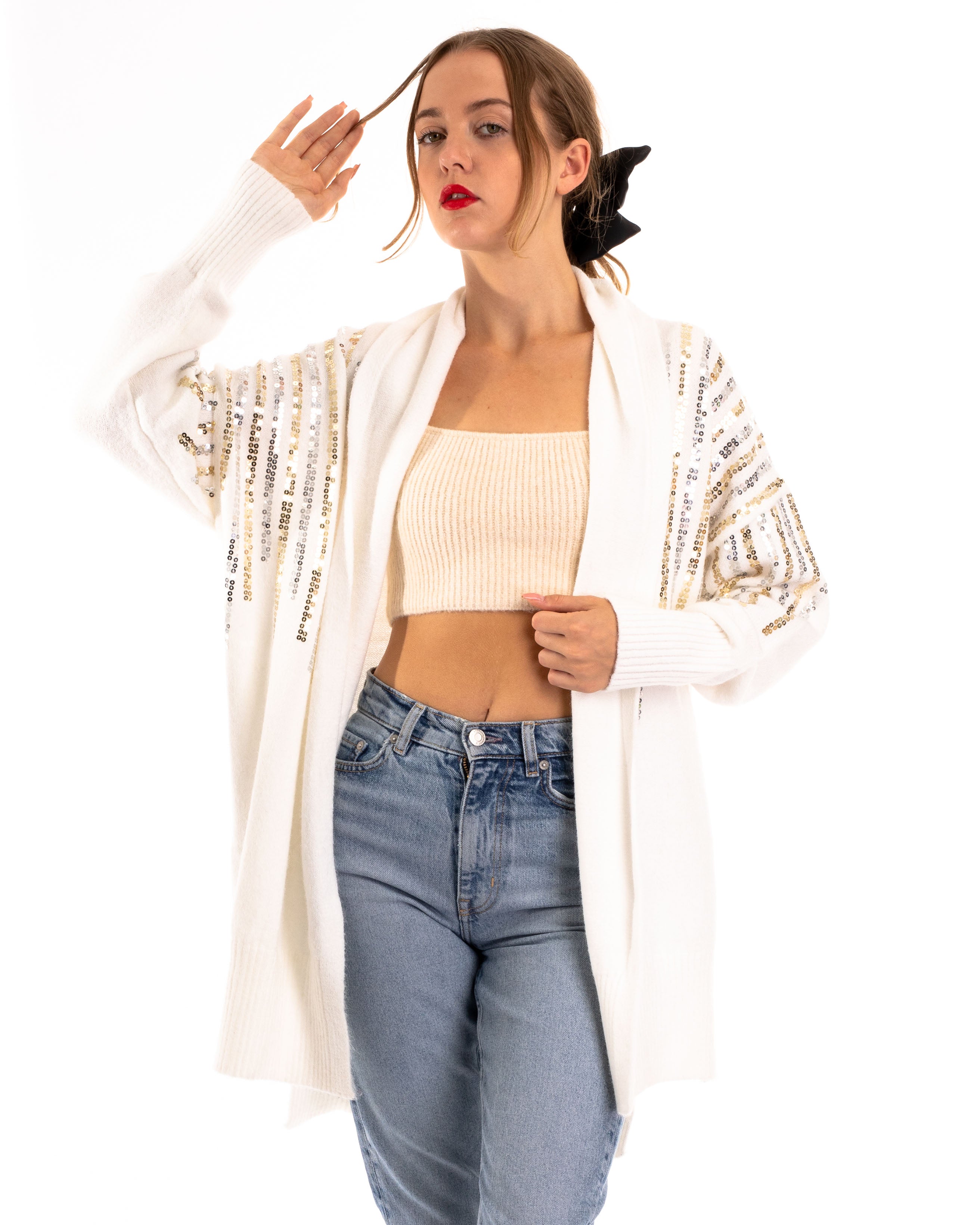 Olivia Row™ | Sequin embellished shoulder and front soft knit cardigan in white