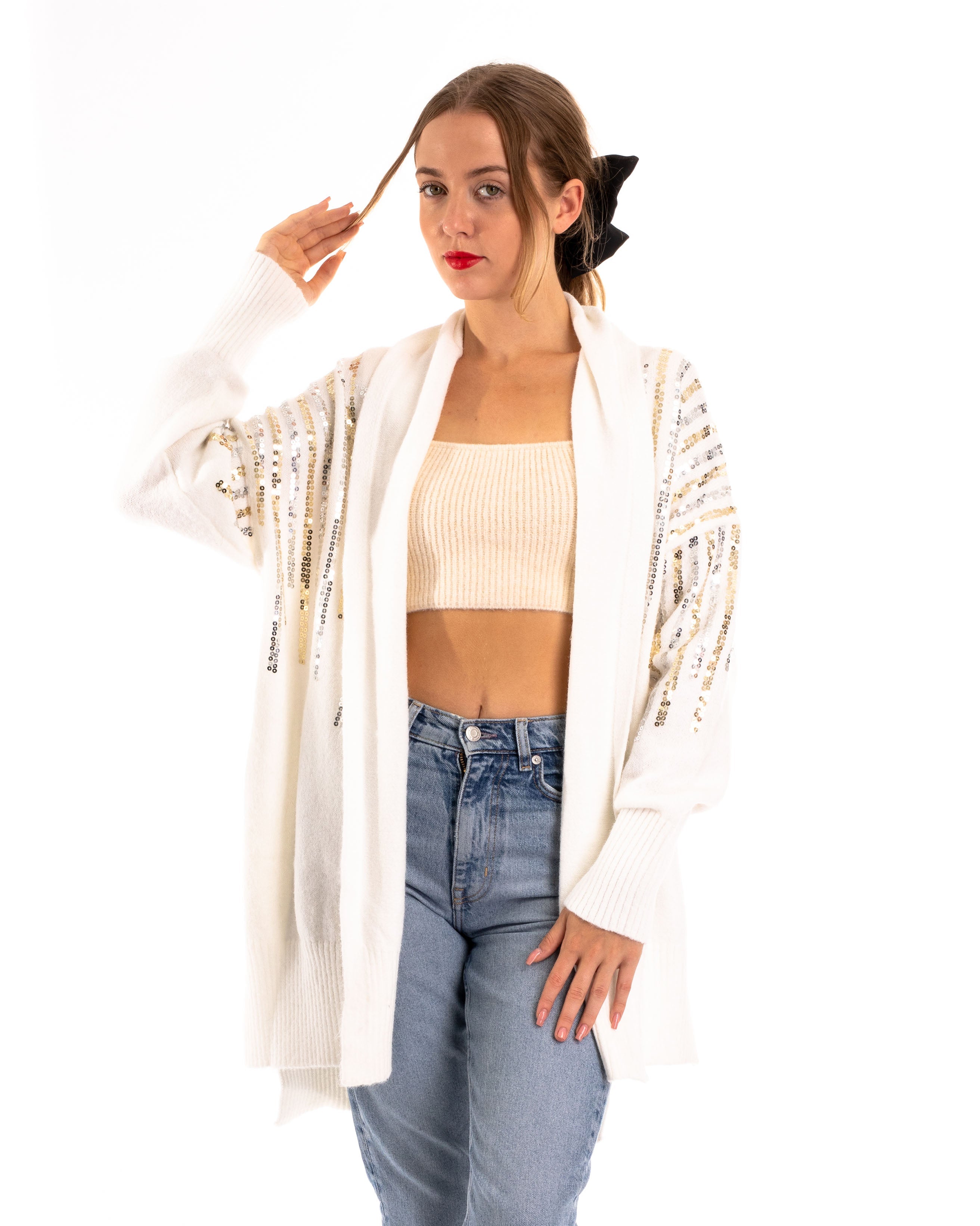 Olivia Row™ | Sequin embellished shoulder and front soft knit cardigan in white