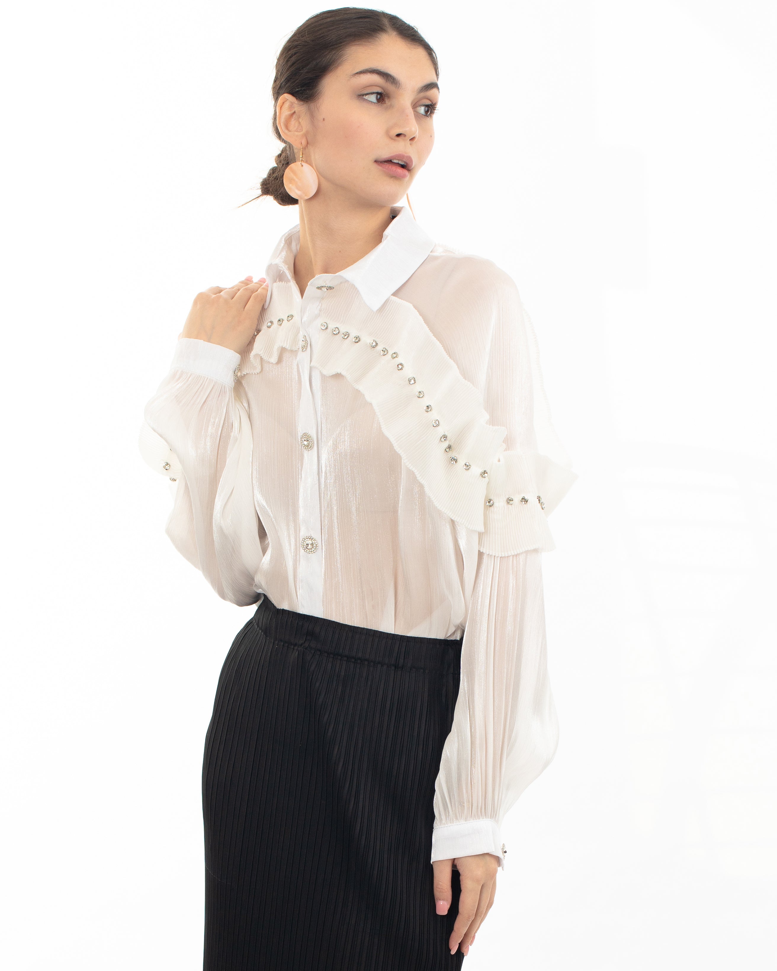 Olivia Row™ | Pleated ruffles with multi dimoned stone embellished sleeves design organza shirt in white