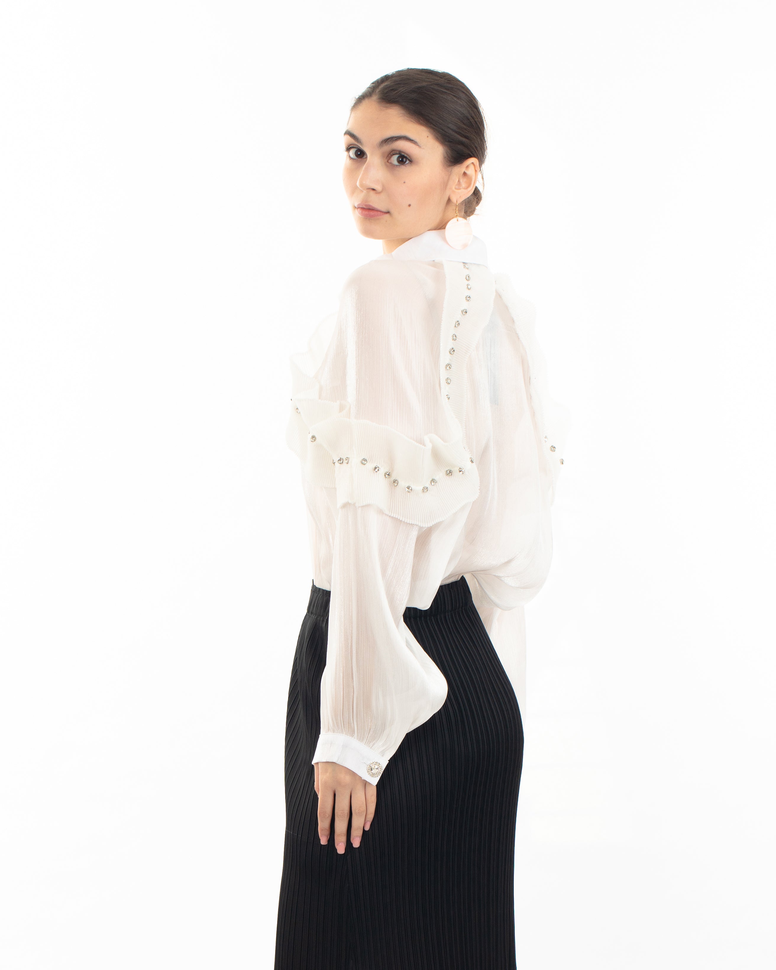Olivia Row™ | Pleated ruffles with multi dimoned stone embellished sleeves design organza shirt in white