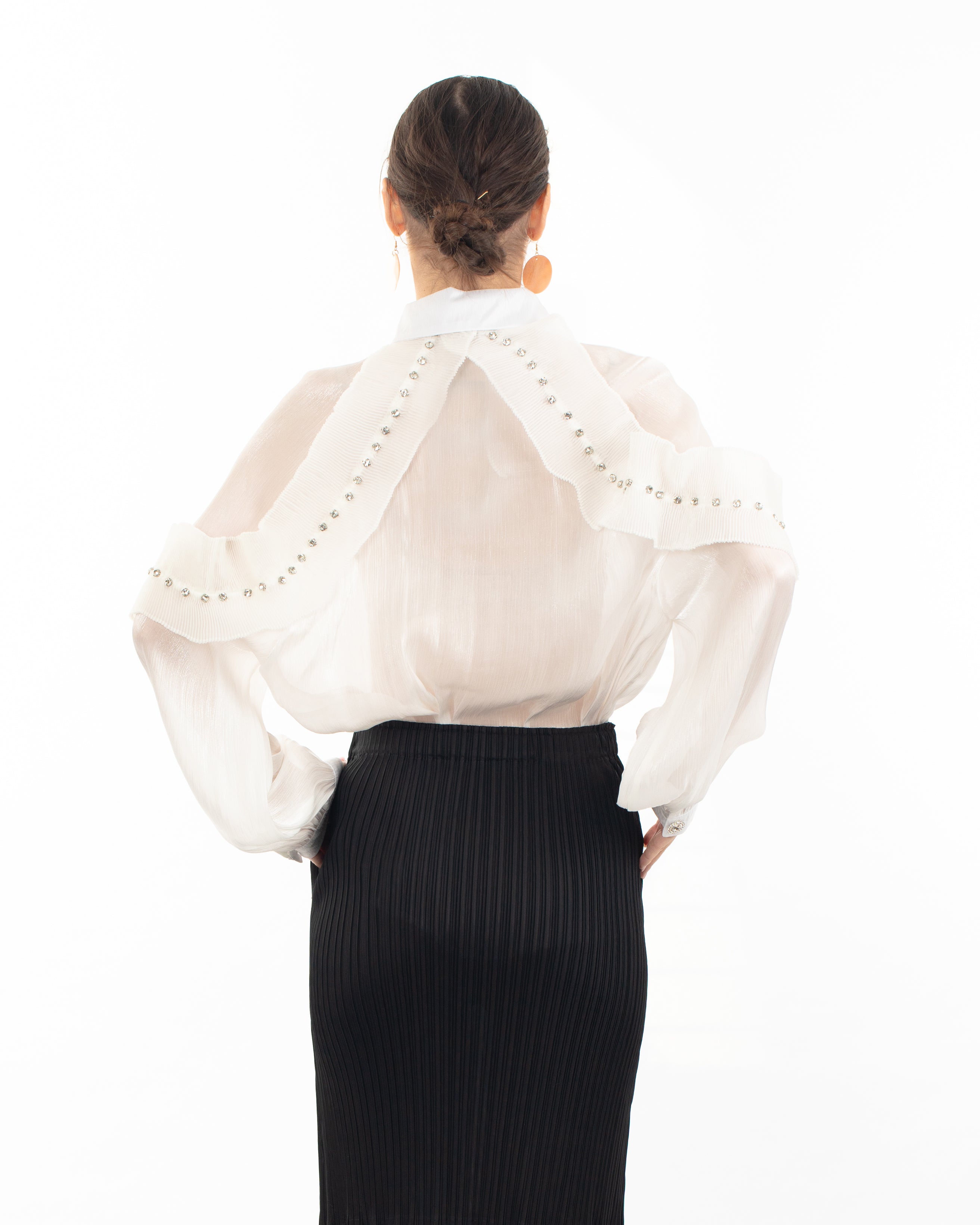Olivia Row™ | Pleated ruffles with multi dimoned stone embellished sleeves design organza shirt in white