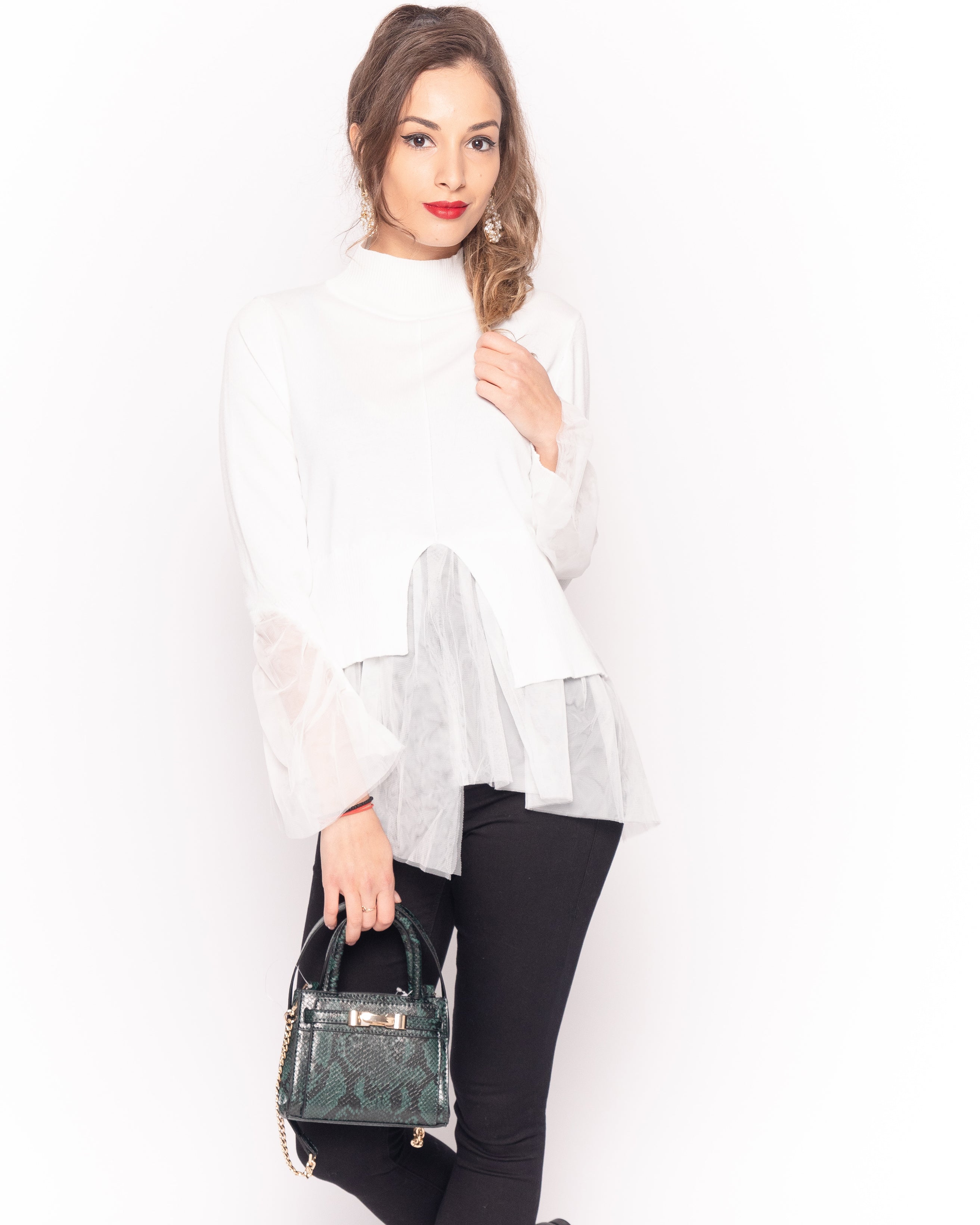 Olivia Row™ | Ruffle lace sleeves soft knit plain color Jumper