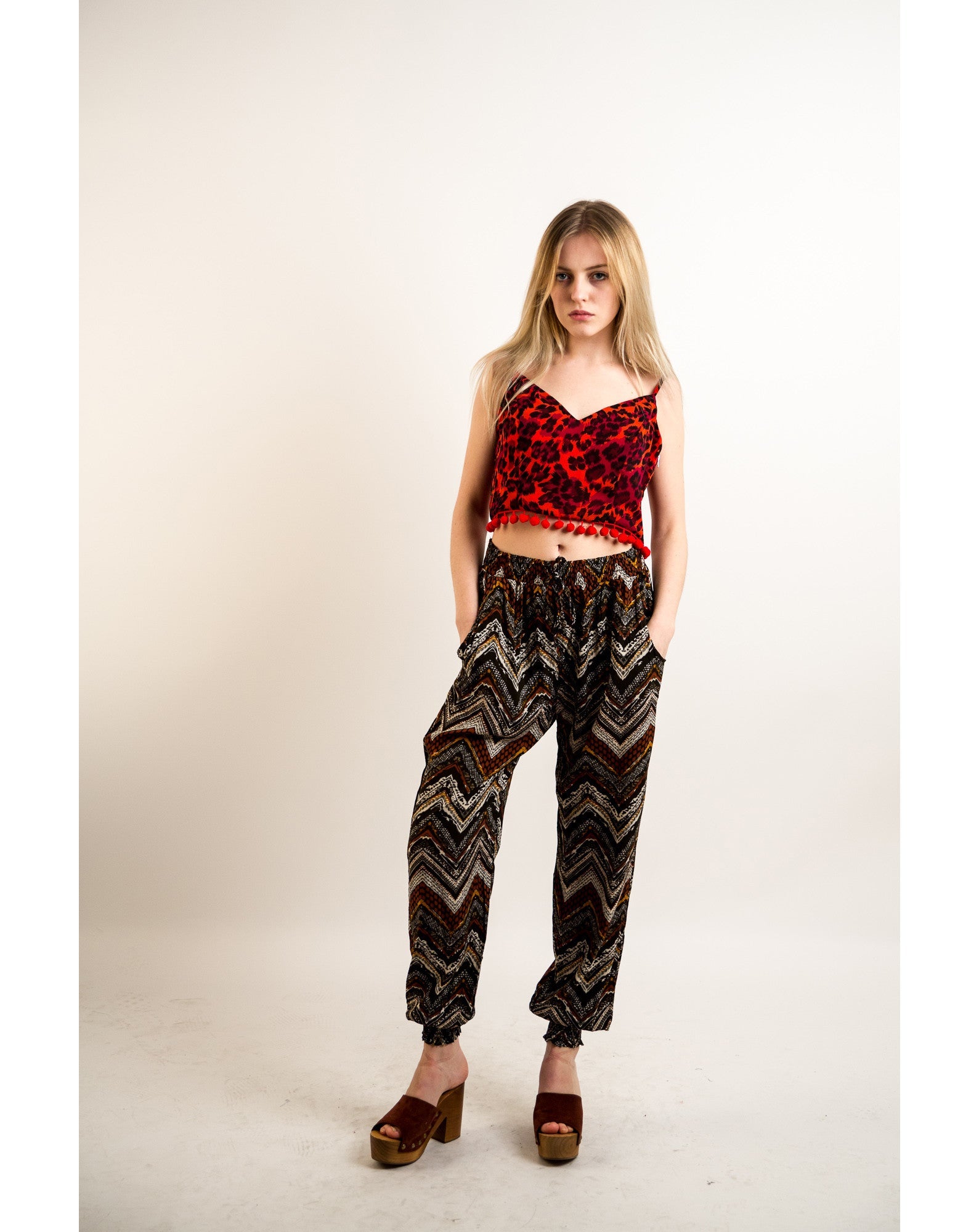 Olivia Row™ | Aztec print elasticated waist Cotton Trousers (WINE)