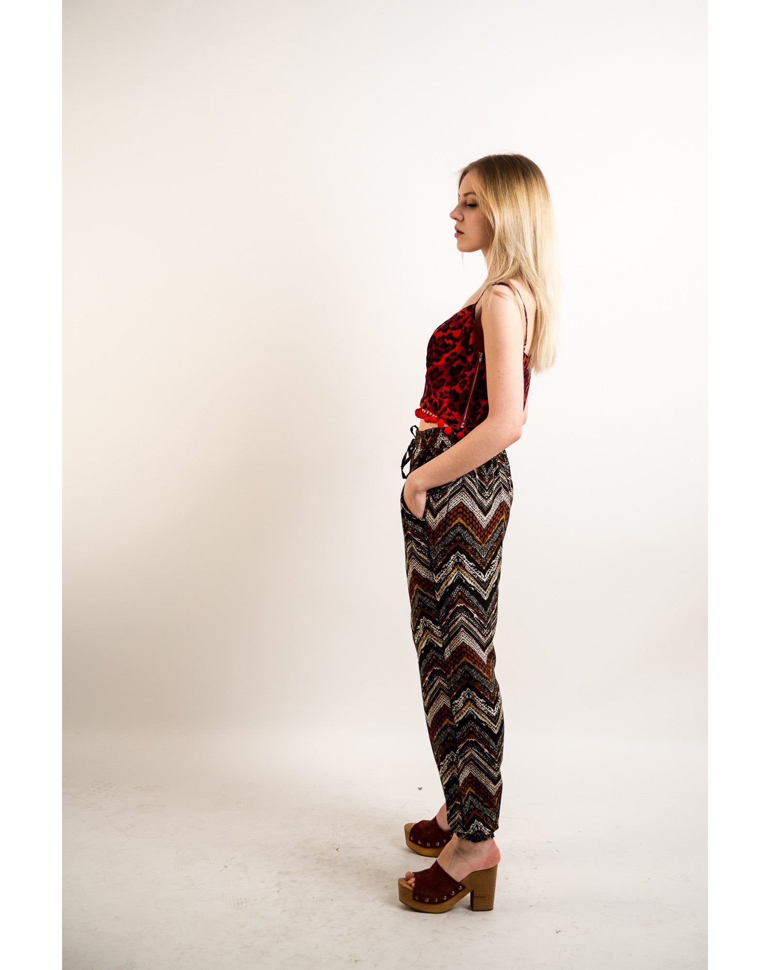Olivia Row™ | Aztec print elasticated waist Cotton Trousers (WINE)