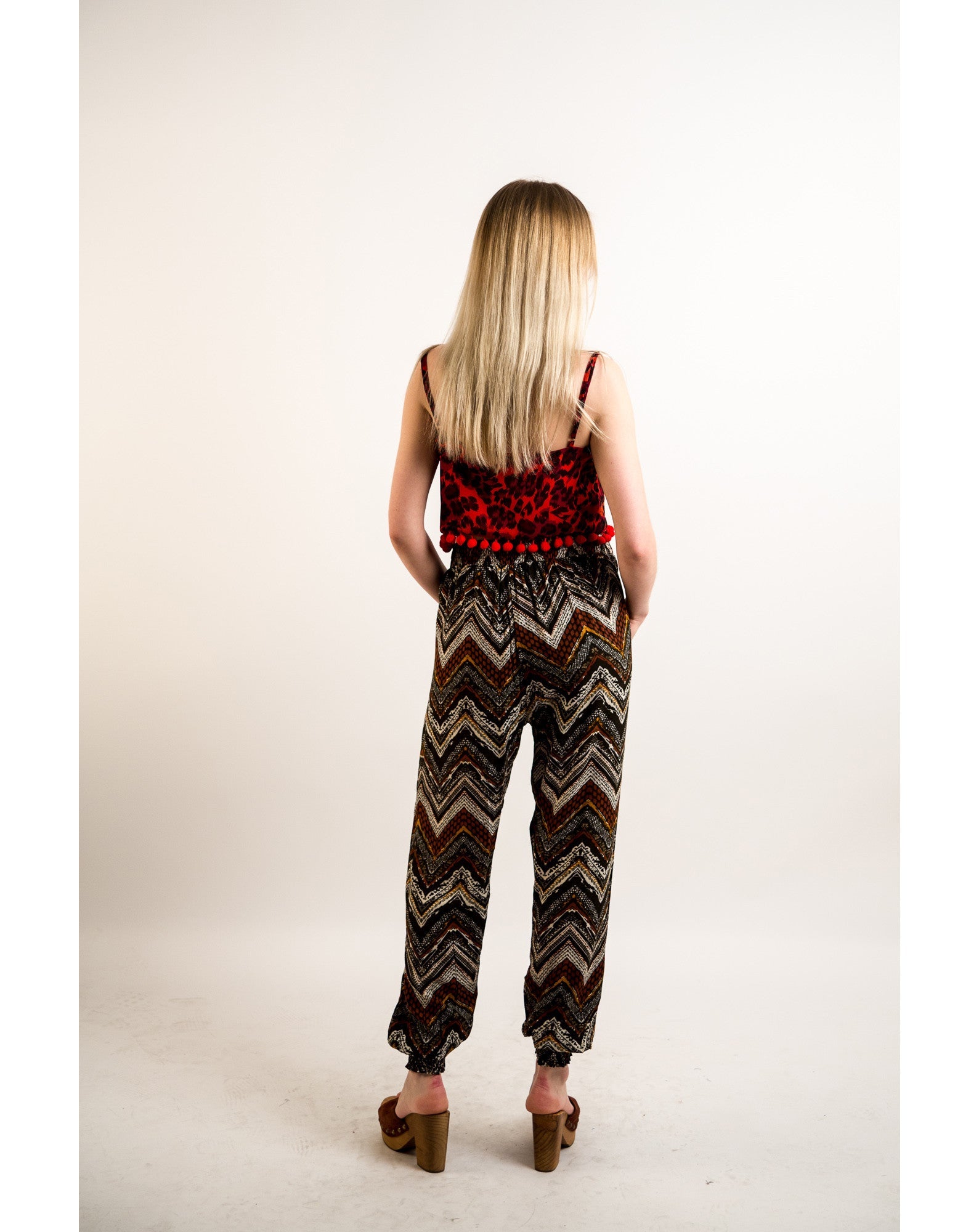 Olivia Row™ | Aztec print elasticated waist Cotton Trousers (WINE)